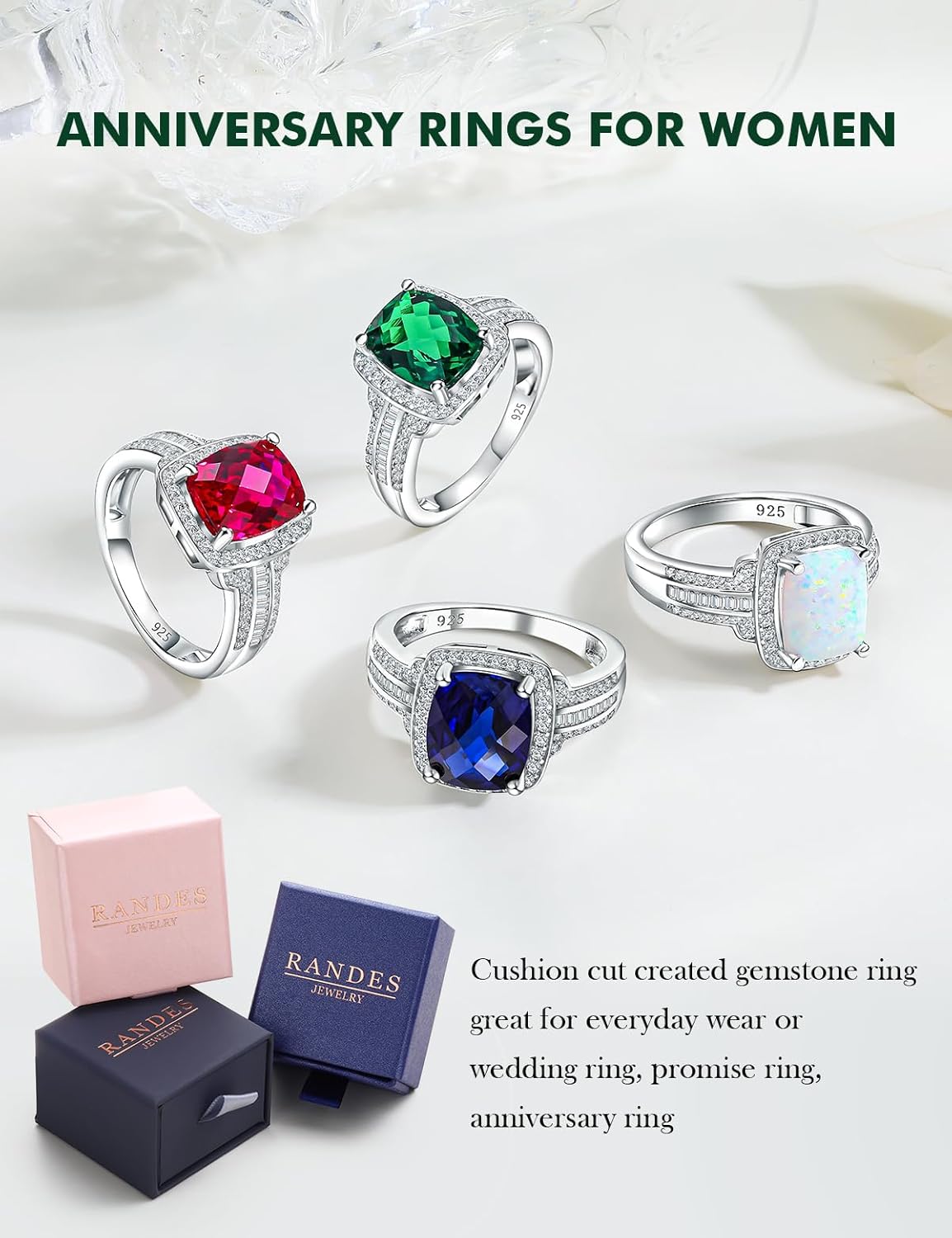 Womens Engagement Ring 925 Sterling Silver Oval Elongated Cushion Cut Sapphire/Ruby/Emerald/Opal Gemstone Anniversary Statement Cocktail Halo Ring Size 6 to 10 (with Gift Box) - Image 4