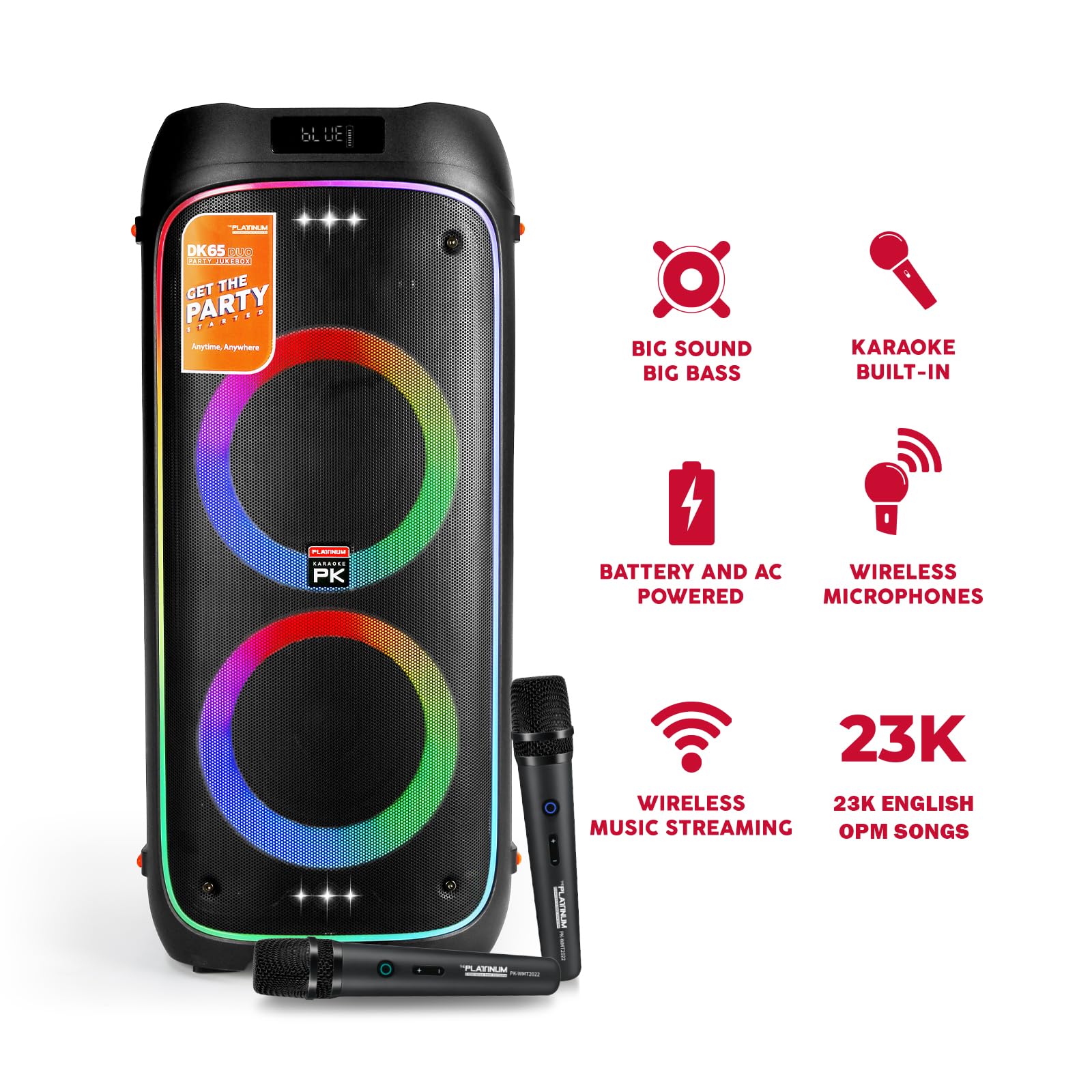 The platiunm DK65 Karaoke Portable Systems for Adults with 2 Wireless Microphone with Bass/Treble Adjustment LED Party Lights,Features Over 23k Songs 7k Filipino Tagalog 4k Hind 12k English