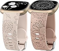 Vista 21 de Minyee Paquete de 2 correas grabadas florales compatibles con Fitbit Versa 4/Versa 3/Sense 2/Sense Band para mujer, lindo diseño de girasol