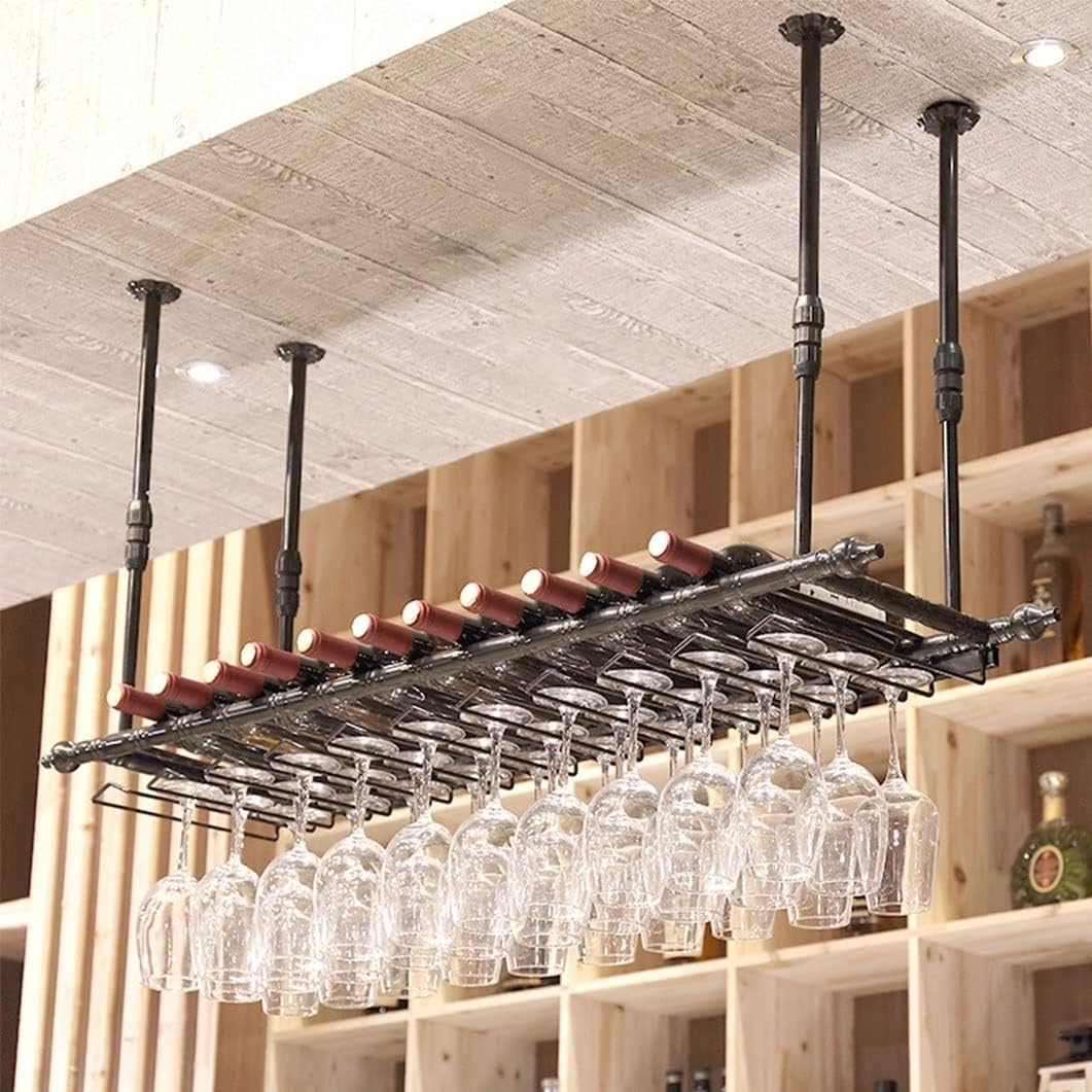 Wine Glass Hanging Wine Ceiling Decoration Wine Glass for Bars Restaurants Kitchens Stemware Holder Adjustable Height Black