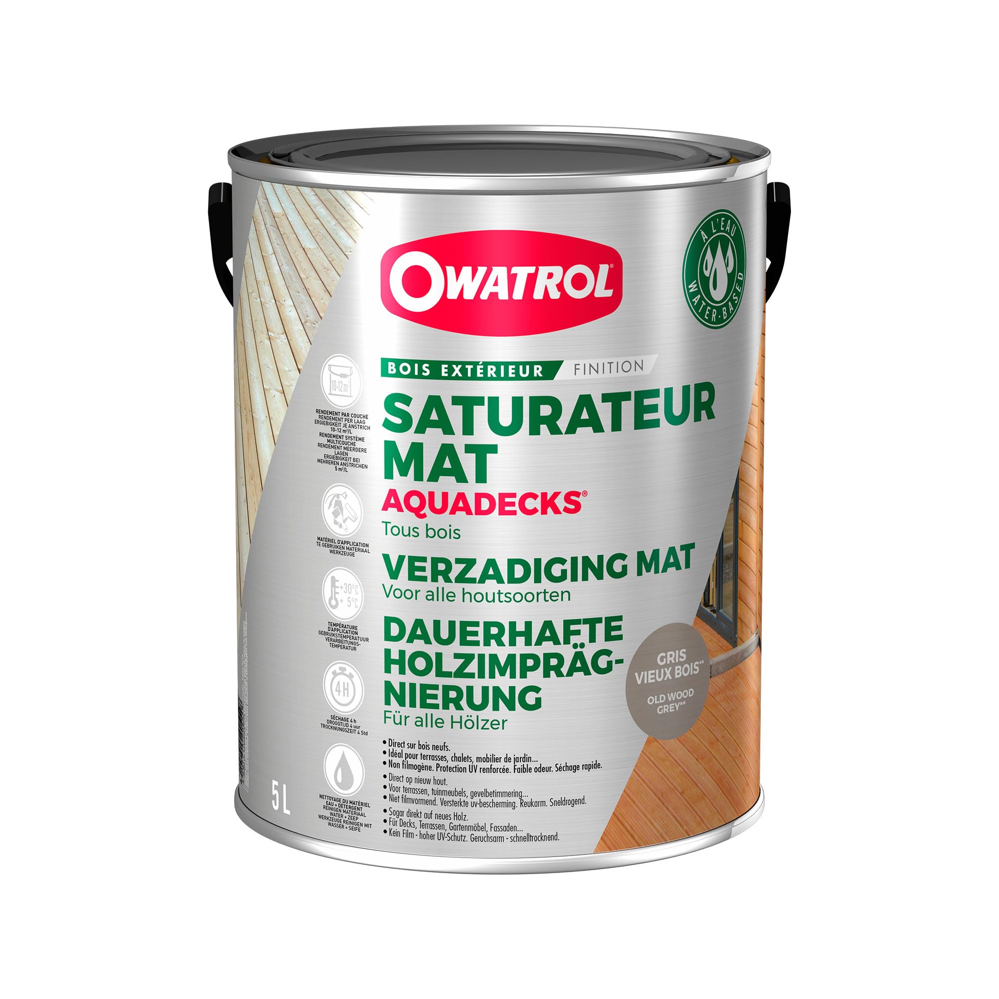 OWATROL - AQUADECKS - Saturateur Mat Bois Extérieur - Teinte Gris - 5L | Saturateur bois pour terrasses et bardages - Protège contre les UV et l'humidité - Finition mate naturelle et séchage rapide