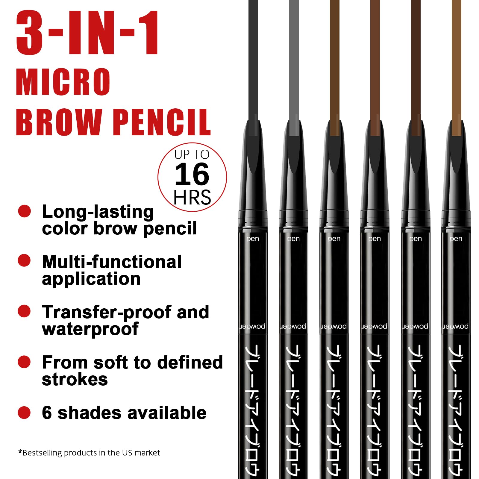 Browcharm Microblading-Augenbrauenstift, 0,1 mm ultrafeine Spitze, 3-in-1 wasserdichter Augenbrauenstift, mit Augenbrauenpuder und Augenbrauenpinsel, haarähnliche Striche, Formen, füllt