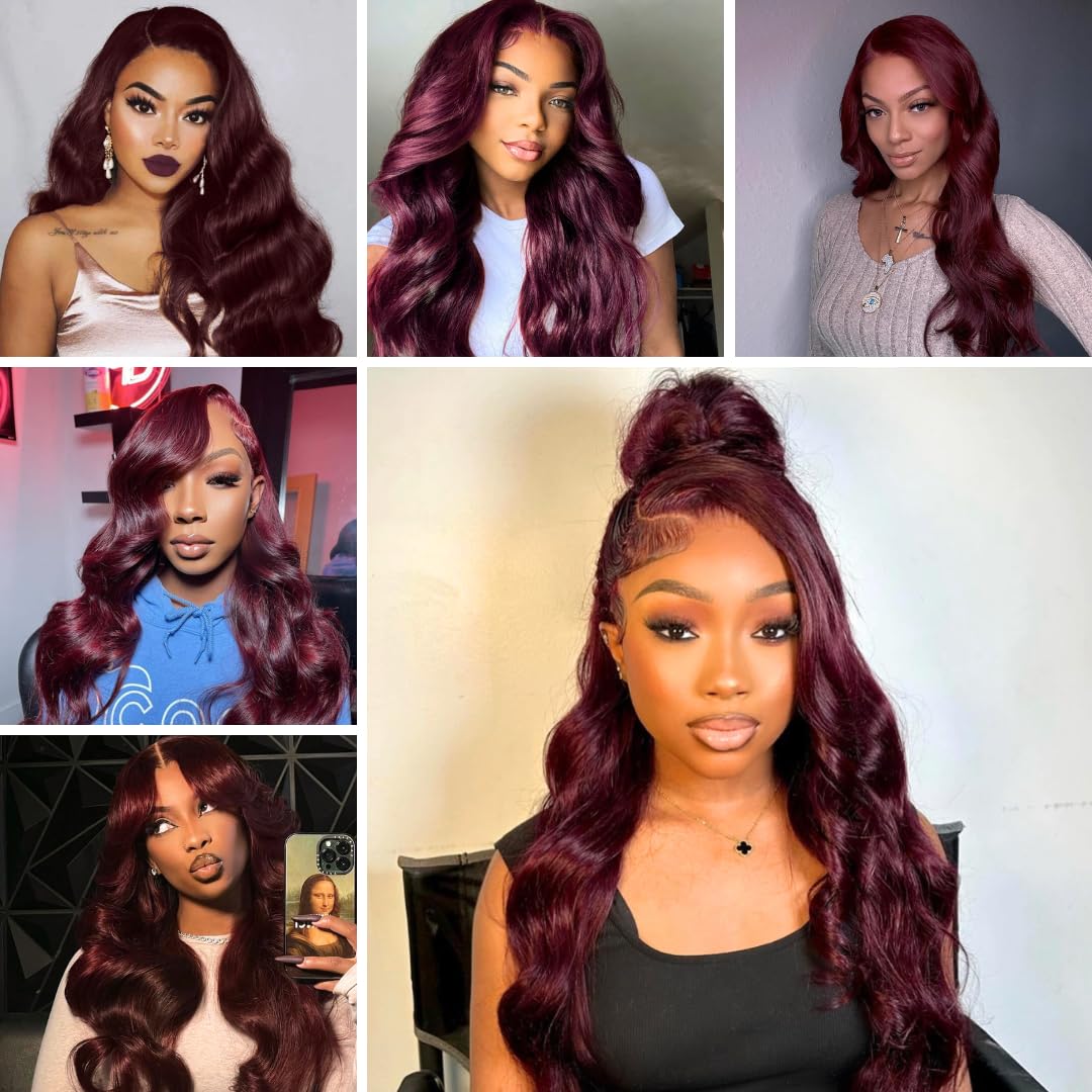 ALHER 99J Dark Burgundy HD Lace Front Wigs Human Hair 26 Inch, 12A Purplish Wine Red 13x4 Body Wave Lace Front Wigs Pre Plucked Ear to Ear, 100% Unprocessed Virgin Remy Hair for Women 180% Density