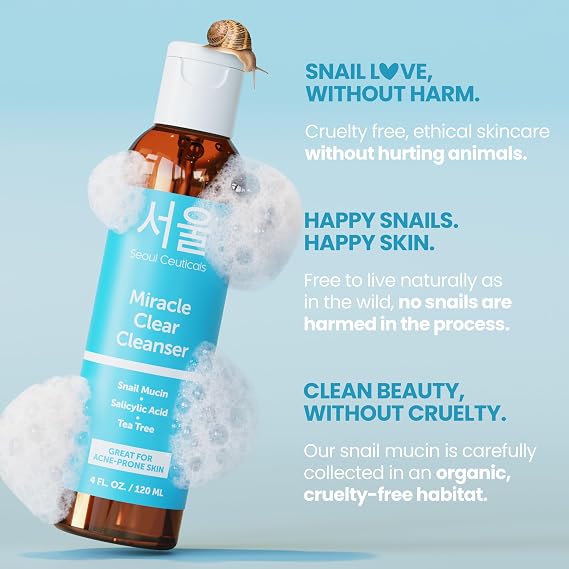 SeoulCeuticals Korean Acne Snail Cleanser Face Wash - Snail Mucin, Salicylic Acid & Tea Tree Acne Treatment for Sensitive Skin & K Beauty Glow 4oz