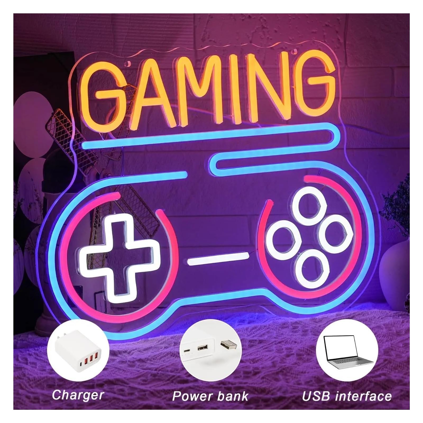 Wiszące neony artystyczne Neon Gaming Gamepad LED Z Podświetleniem Ściemnialnym Do Domu, Pokoju Dziecięcego, Salonu Gier, Sklepu, Klubu Graczy, Dekoracja 42.9cmx31.9cm