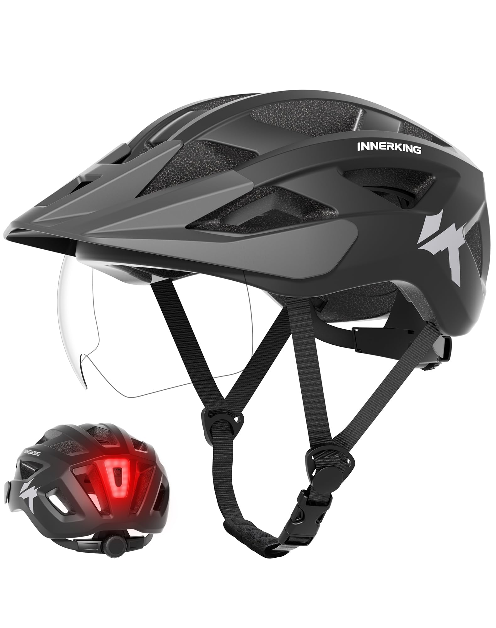 InnerKing Fahrradhelm Herren Damen, Leichte Fahrradhelm mit Magnetische Schutzbrille Visier und USB-Aufladung LED Licht, MTB Helm Radhelm Cityhelm