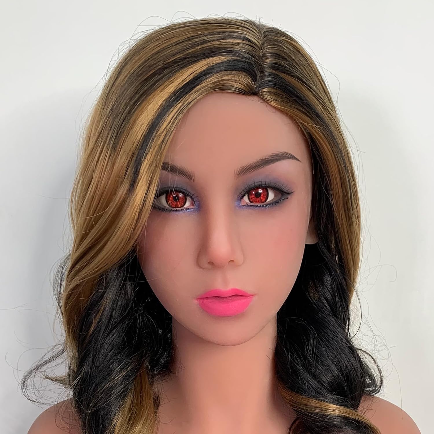 Makeup Doll Head with Hair Wig, Life-Size Doll Part Connection Doll Accessories with Black Eyeballs, Snap or M16 Studs Fixed (Brown Color)