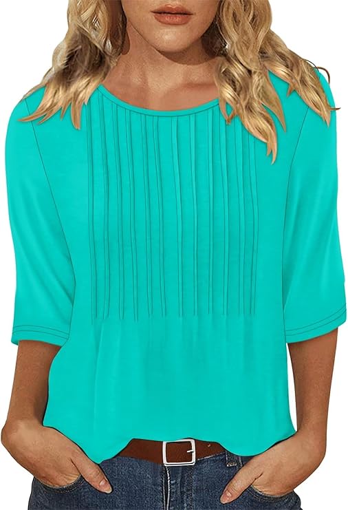 KISSMODA Tunic Tops for Women Loose Fit Dressy Round Neck Pleated 3/4 Length Sleeve Spring Tops