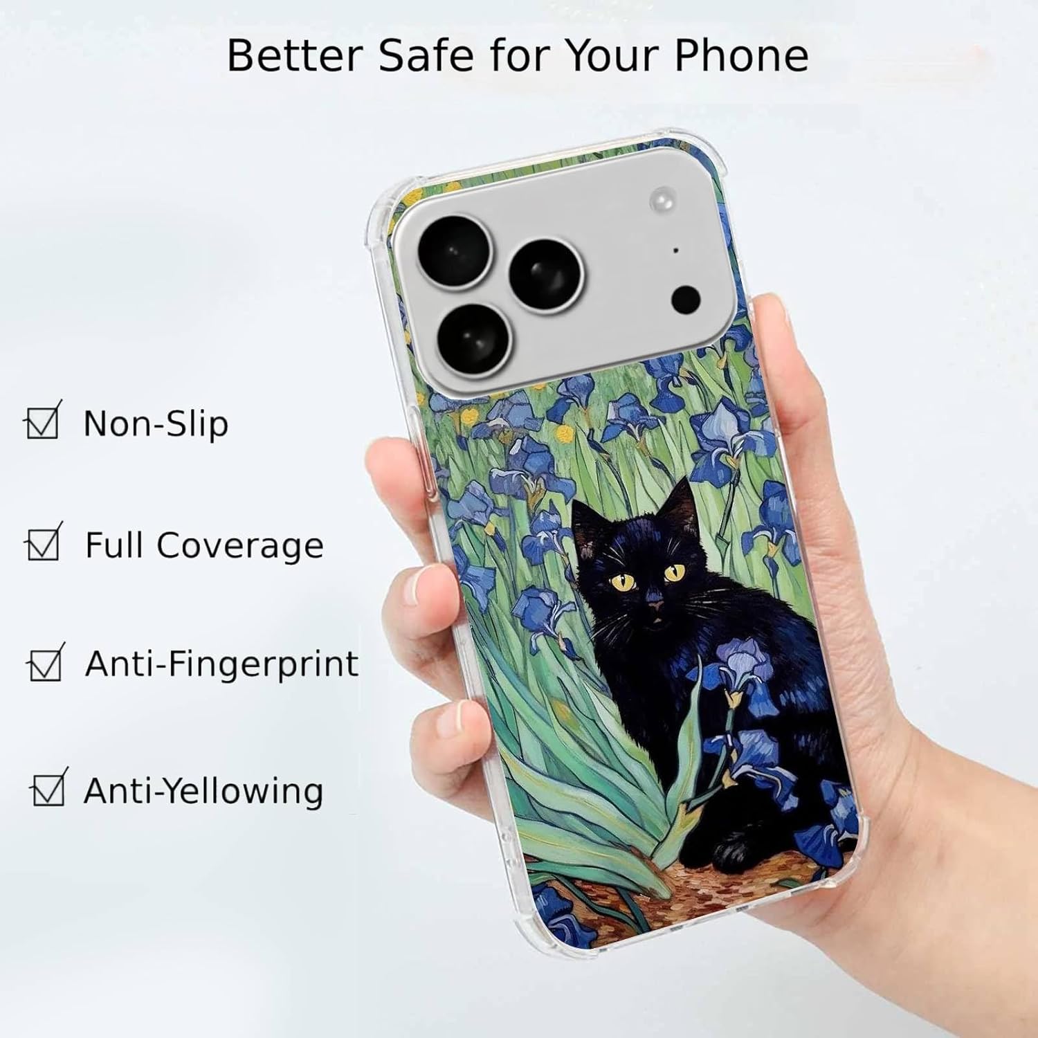 Van Gogh Flower Cat Art Phone Case Compatible with iPhone 17 Pro, Black Cat Blue Flower Girl Women Men Unique Soft TPU Bumper Cover Case for iPhone 17 Pro - Image 2