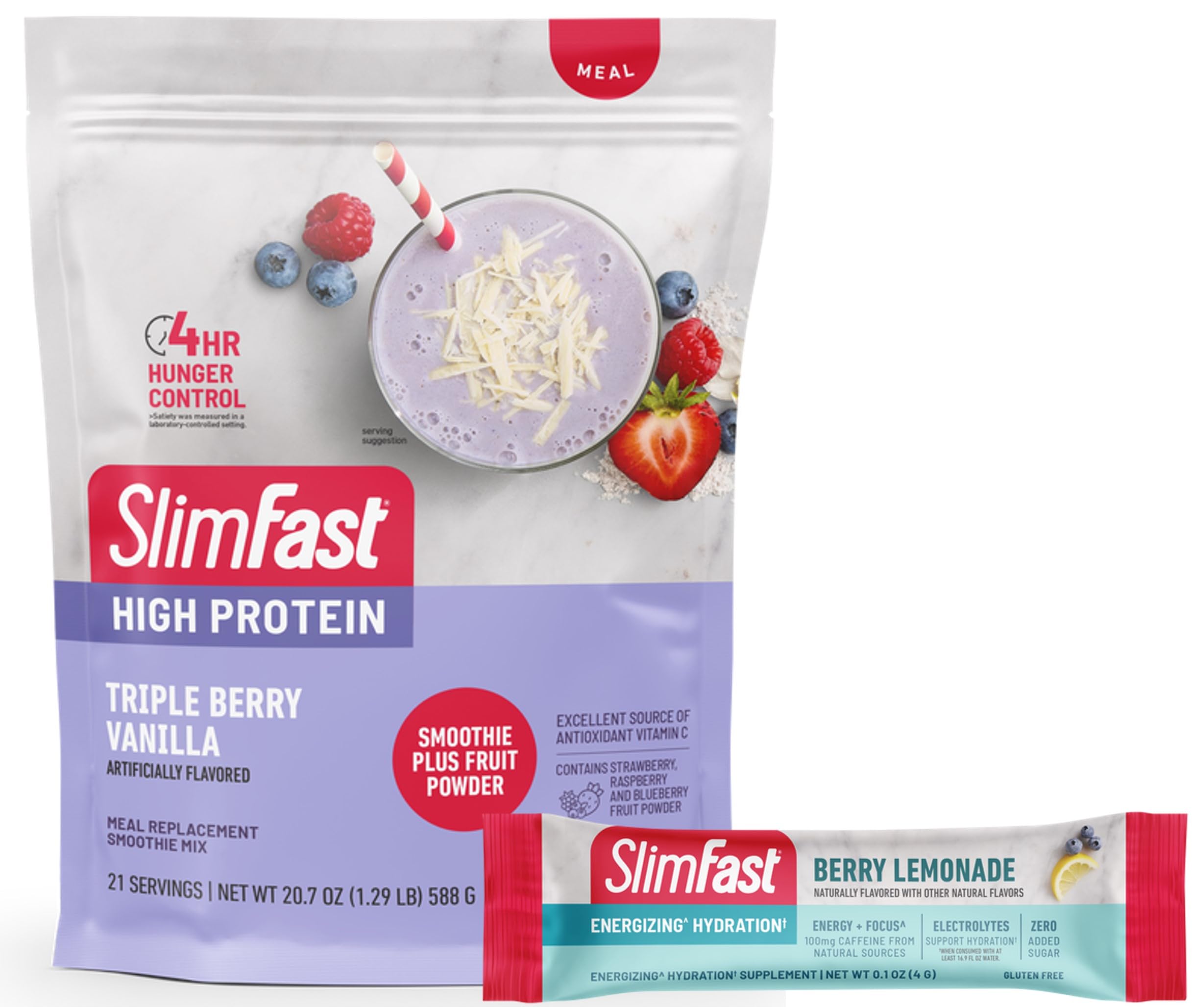 SlimFast High Protein Fruit Powder, Triple Berry Vanilla, Protein Powder Meal Replacement, 21 Servings, + SlimFast Hydration Packets, Electrolytes, Interrmittent Fasting, Apple Cider Vinegar, 12 Count