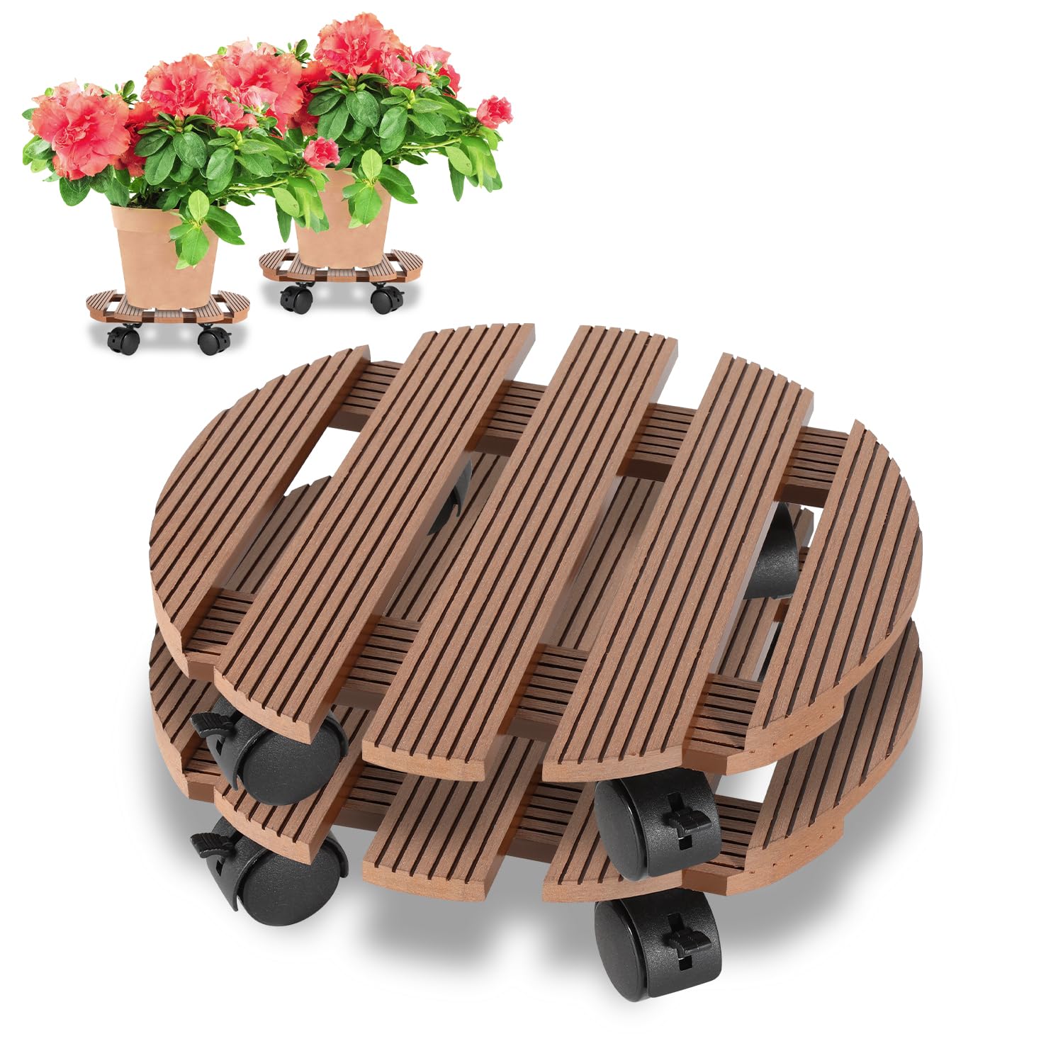 Ikodm 2X WPC Pflanzenroller Rund Ø 30 x 7,5 cm｜Blumenroller mit Rollen, Rolluntersetzer Tragkraft 80 kg｜Kübelroller für den Innen- und Außenbereich｜Rollbrett für Pflanzen, Blumentopf (Anthrazit)