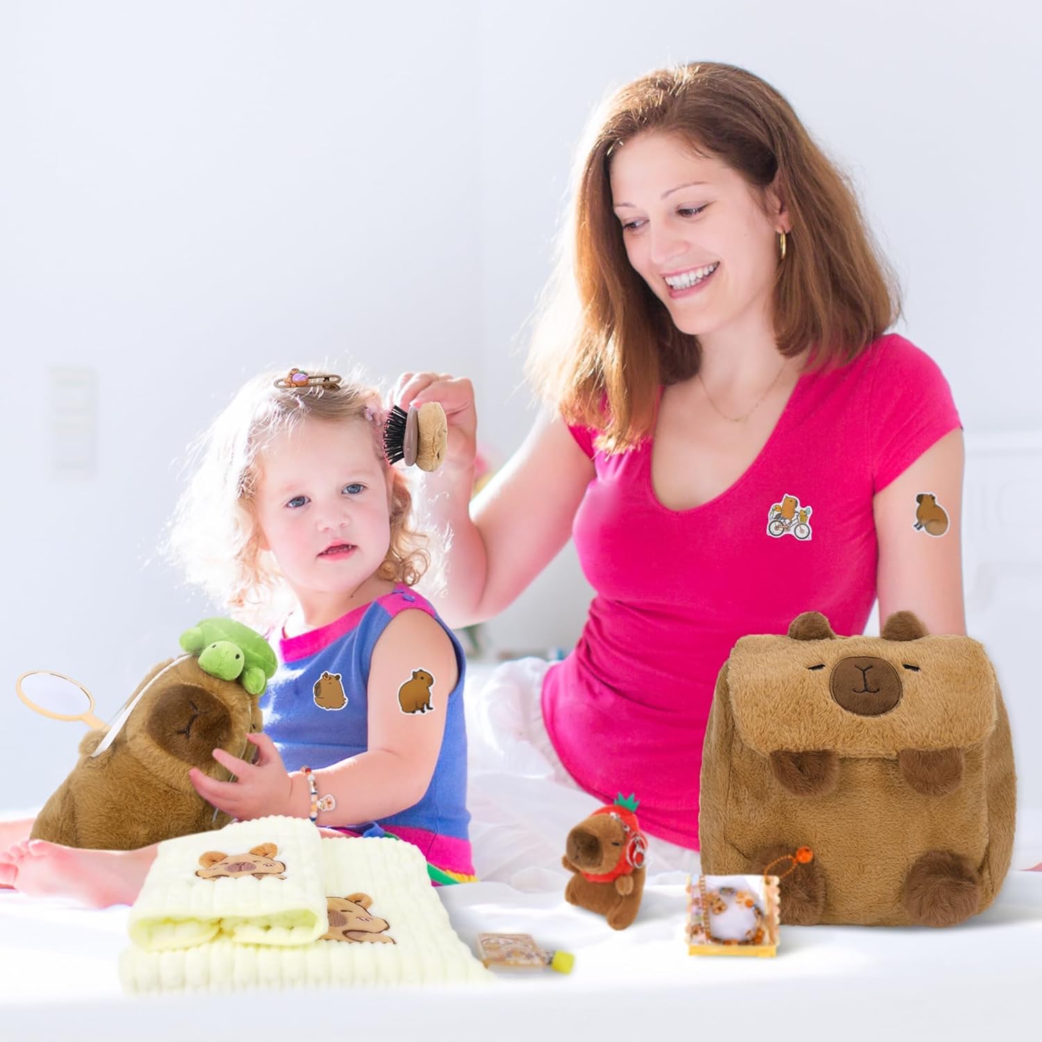 Aodaer 75 Pcs Capybara Plush Toy Set with Stuffed Capybara Plush Toy Keychain Backpack Towels Comb Headband DIY Sticker Bracelets Notebook Hair Clips Mirror Stickers for Birthday Gifts Party Favor