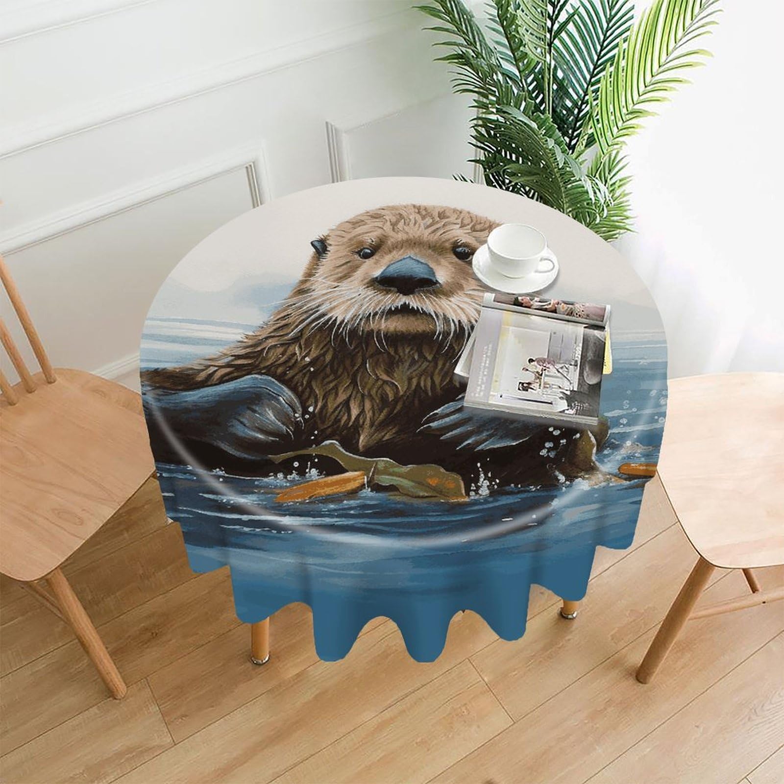 FekiLoot Sea Otter Round Tablecloth Cover 60 Inch Wrinkle Free Washable Polyester Fabric Table Cover Decorative Round Table Cloth for Home Dining Kitchen Party Farmhouse