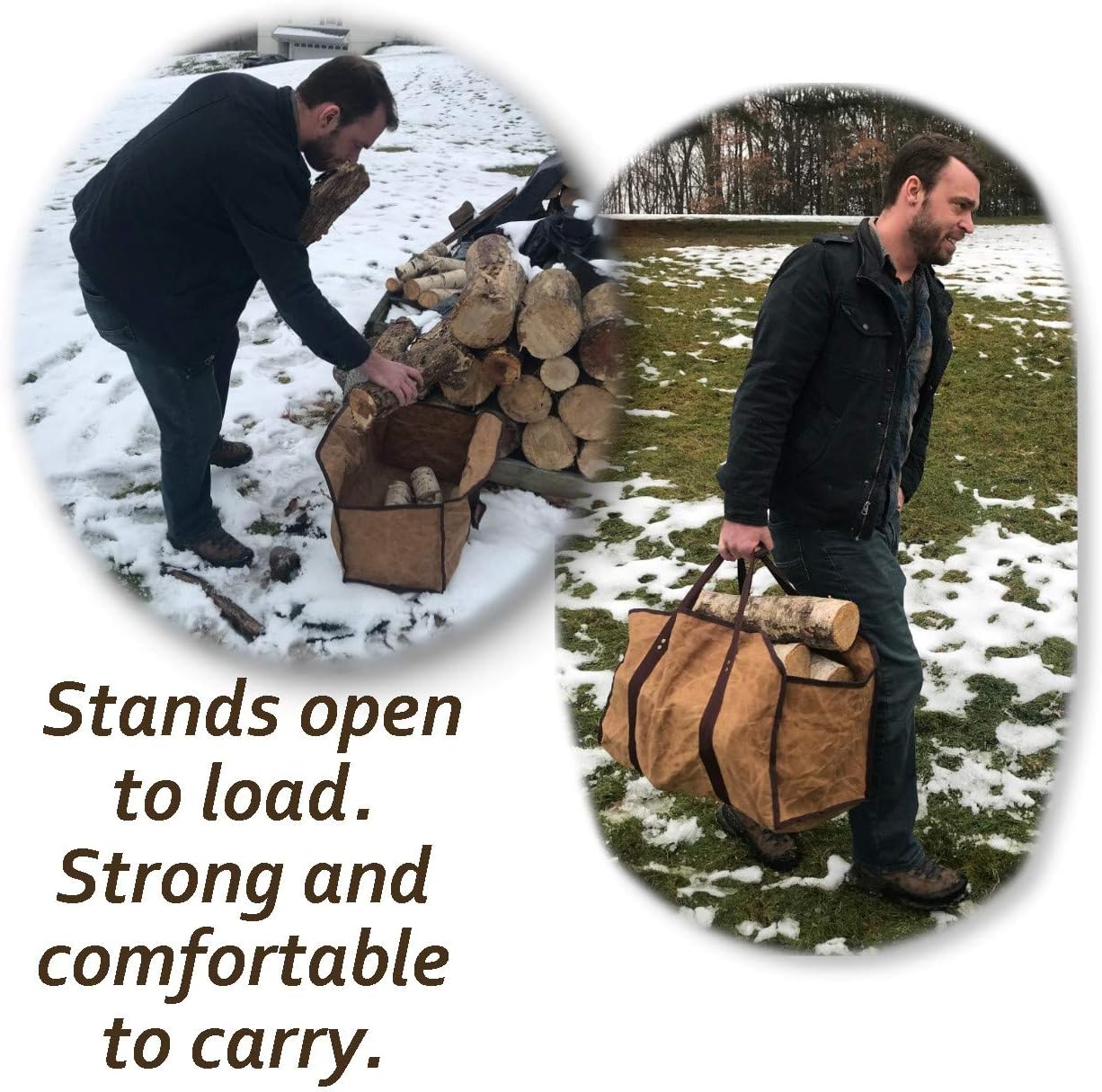 LivinWell Firewood Carrier Log Tote Bag Stands Up for Easy Wood Loading Large Heavy Duty Waxed Canvas Optional Metal Rack for Fireplace Storage Carry Basket with Closed Ends