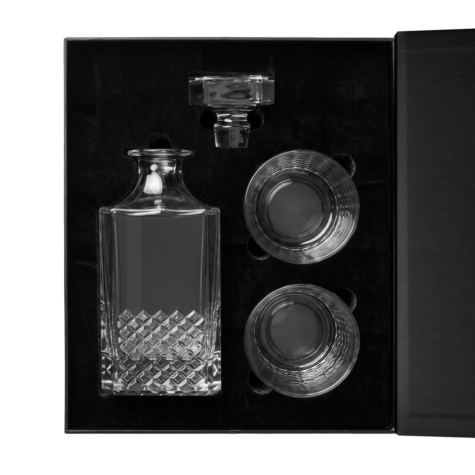 Glasmark Krosno 1992 Caraffa con Bicchieri 3 pezzi per Whisky e Distillati - Caraffa in Vetro 750 ml e 2 Bicchieri 290 ml - in Scatola Regalo Nera - Decoro Molato