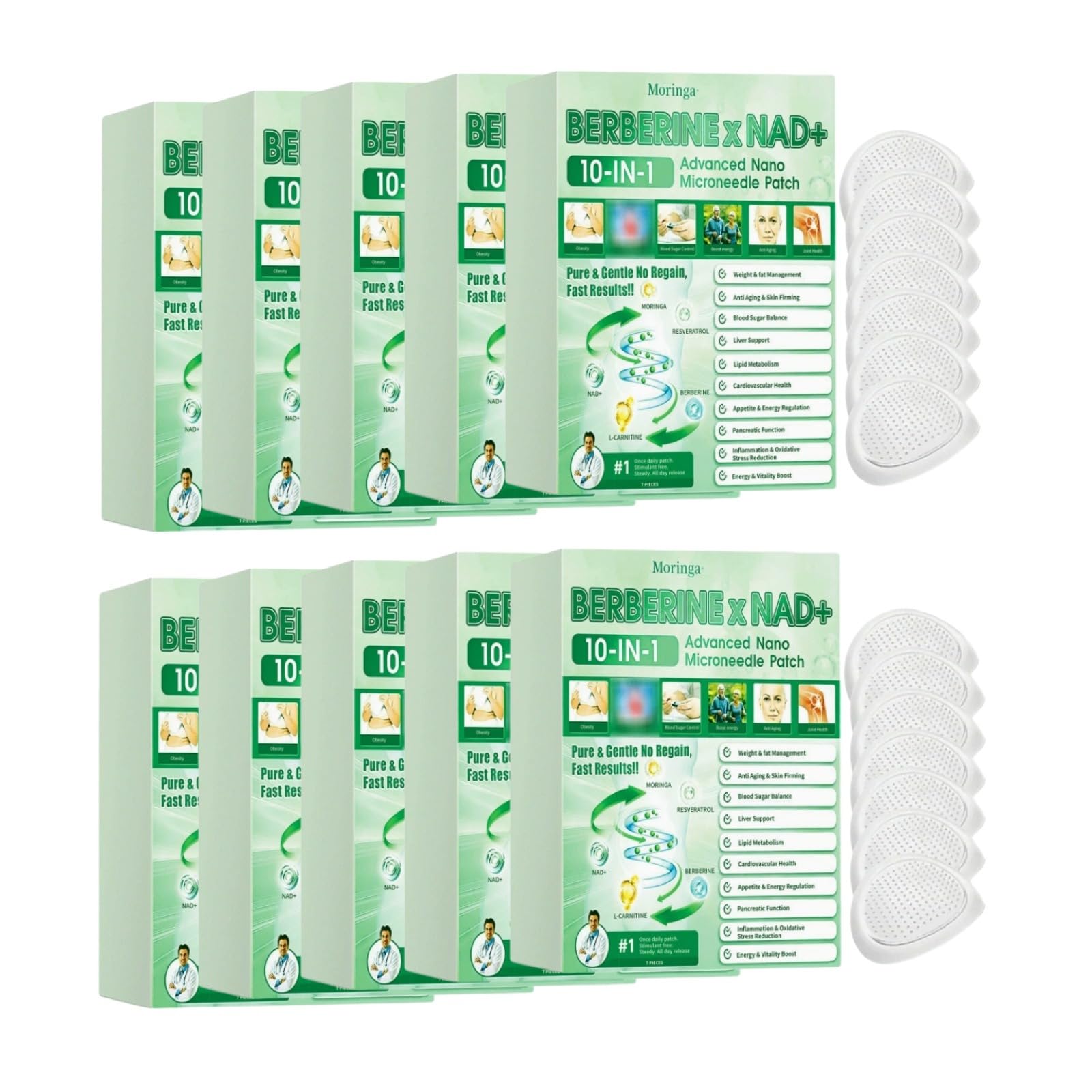 Łatka Berberine 10 w 1 z NAD+, plaster odchudzający, plaster odchudzający Nano Microneedle, naturalne składniki, miękka i skuteczna, niewidoczna pod ubraniem, wygodna przenośna - 10 pudełek