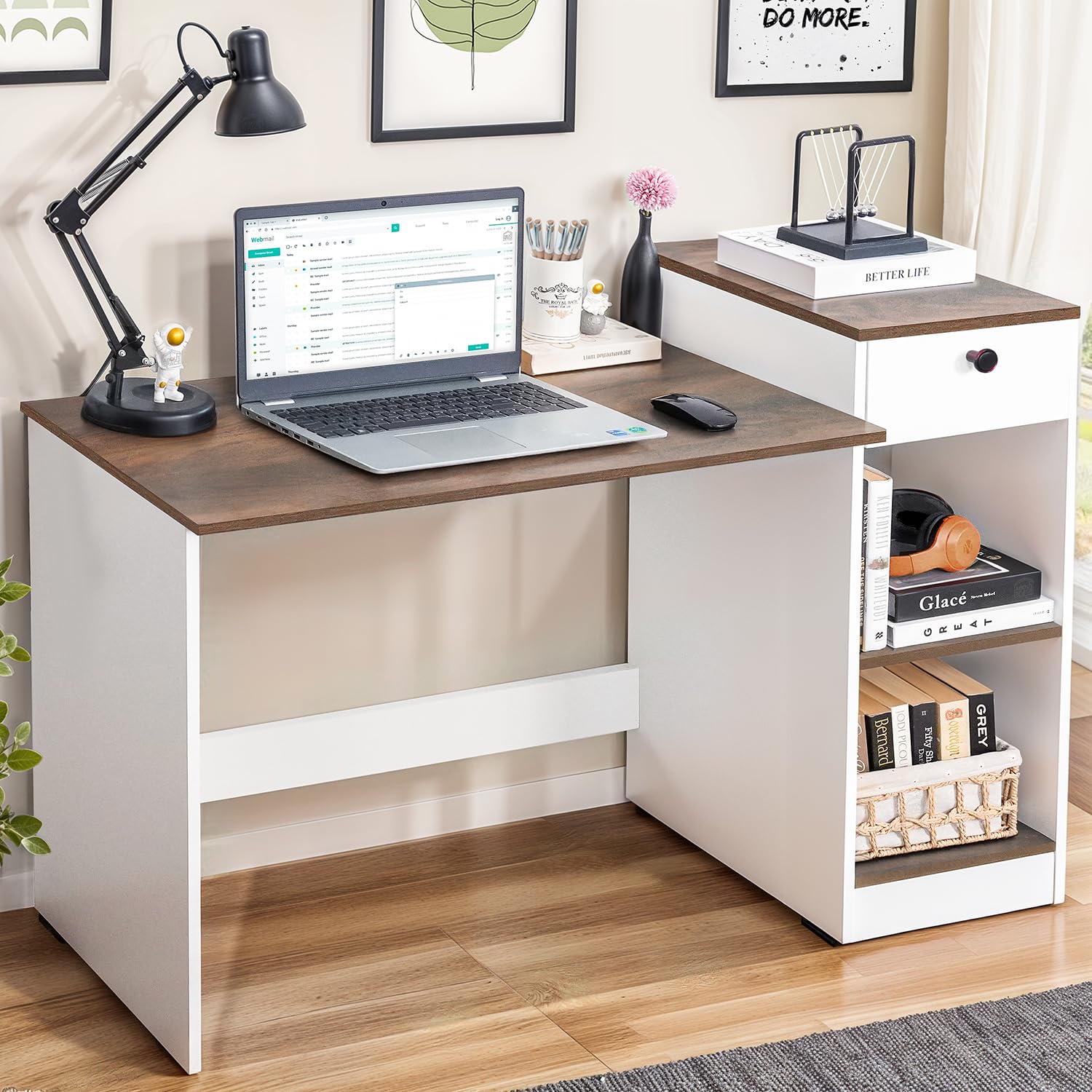 ABOUT SPACE Study Table with Drawer – Computer Table with Bottom Storage Space DIY Engineered Wood Office Desk with 2 Adjustable Shelves for PC Laptop Gaming (White, Walnut – L 123 x B 45 x H 89 cm)