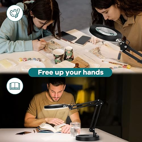 Miniatura 7 de Drdefi - Lupa 10X con luz y soporte, lupa LED 2 en 1, 3 modos de color regulable continuo, lámpara de escritorio con aumento manos libres con