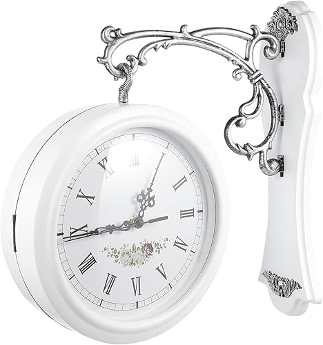 Miniatura 4 de VICASKY Reloj de pared redondo de hierro forjado de aspecto antiguo marrón para colgar en la pared, reloj de pared de doble cara, reloj de pared de