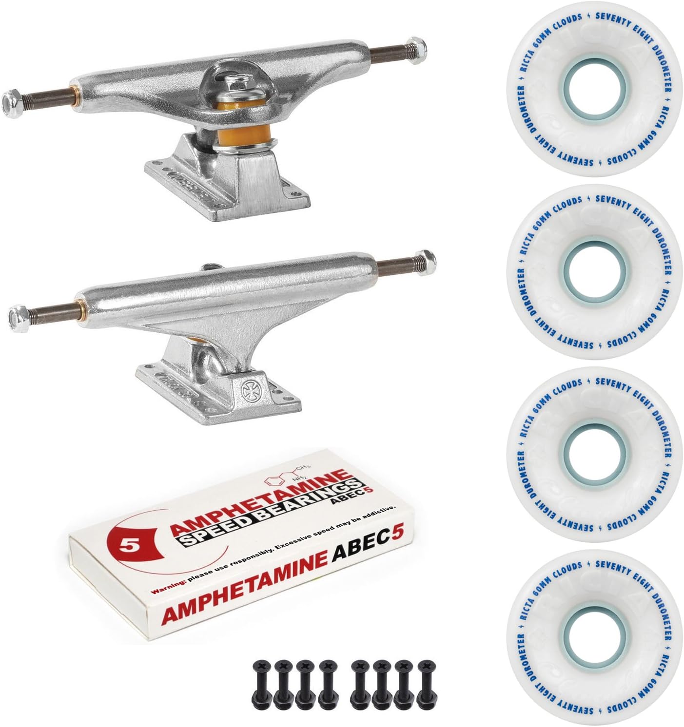 Independent Skateboard Trucks Package with Stage 11 Trucks, Ricta Clouds Soft 60mm 78A Wheels, ABEC 5 Bearings and 1" Hardware