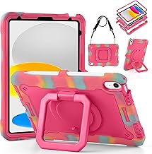 DETUOSI Case for iPad (A16) 11th Generation 11 Inch 2025, Shockproof Cover with 360°Rotatable Stand & Shoulder Strap, Heavy Duty Case for iPad 10th Gen 10.9 Inch, Camouflage Rose Red