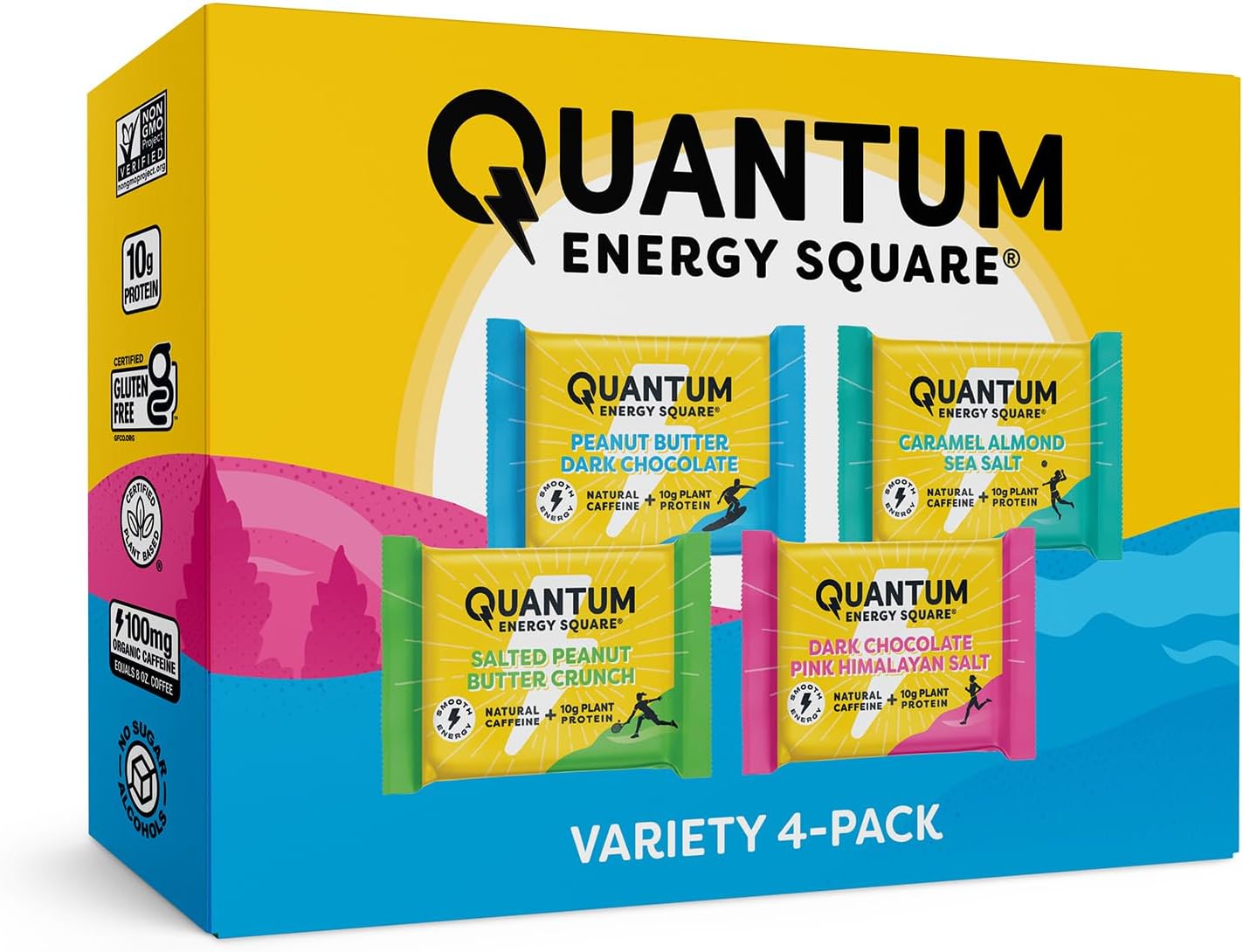 Quantum Energy Square - Energy Bar with Caffeine & 10g Protein, Healthy Snack On the Go - Vegan, Gluten-Free, Soy & Dairy-Free - Variety 4-Pack[Amazon-developed Certification] Compact by Design
