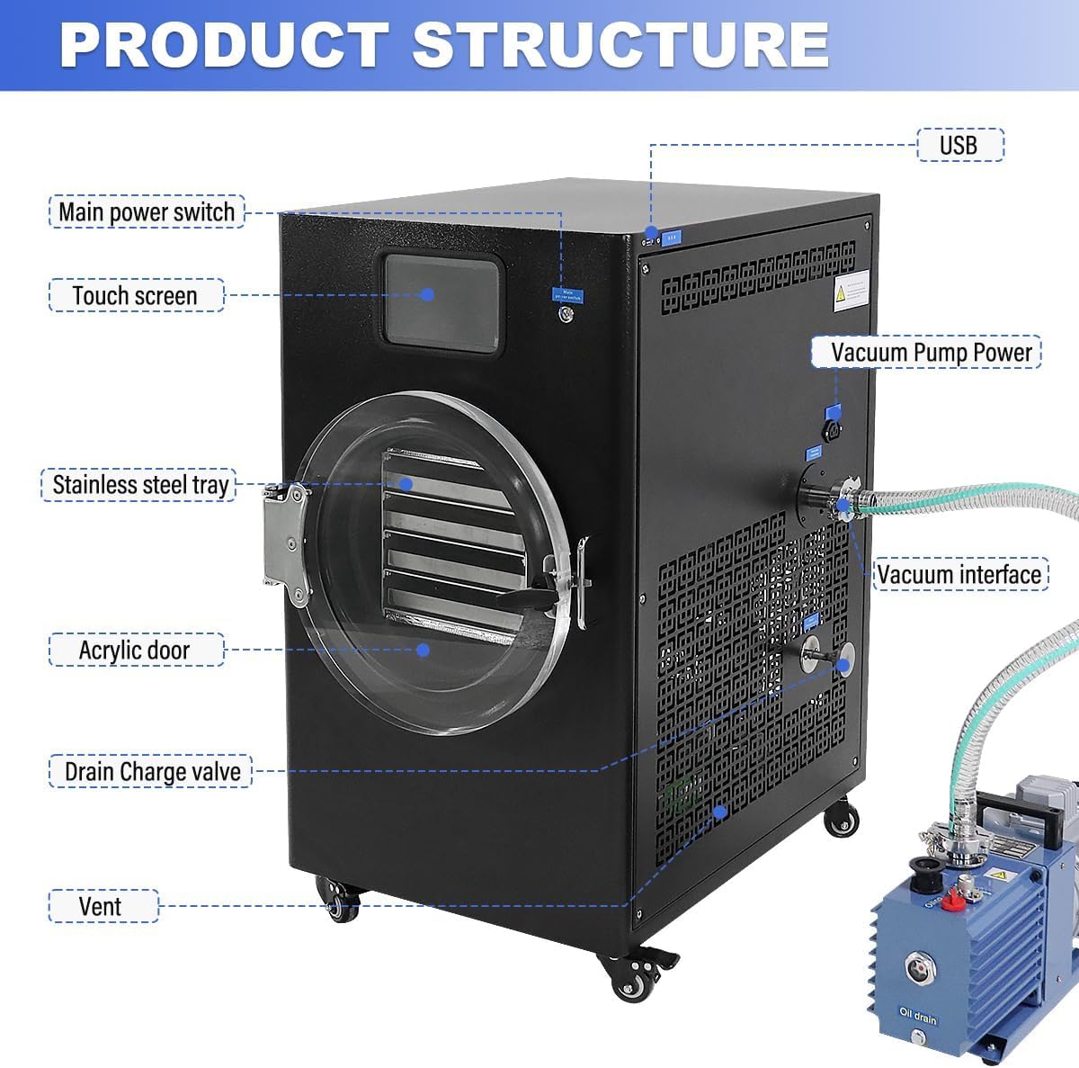 HNZXIB Benchtop Freeze Dryer, 4 Trays Freeze Drying Machine, Food Freeze Dryer for Fruits & Meat, Pet Food, with Rotary Vane Vacuum Pump for Home Hobbyist & Small Business