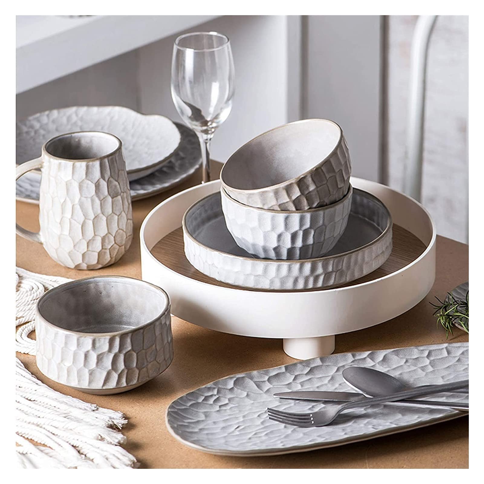 Ensembles de Vaisselle Ensemble de Vaisselle, Ensembles de Table en céramique, Bol à céréales Blanc 39 pièces, Assiette à Steak et Tasse en Porcelaine de Style (