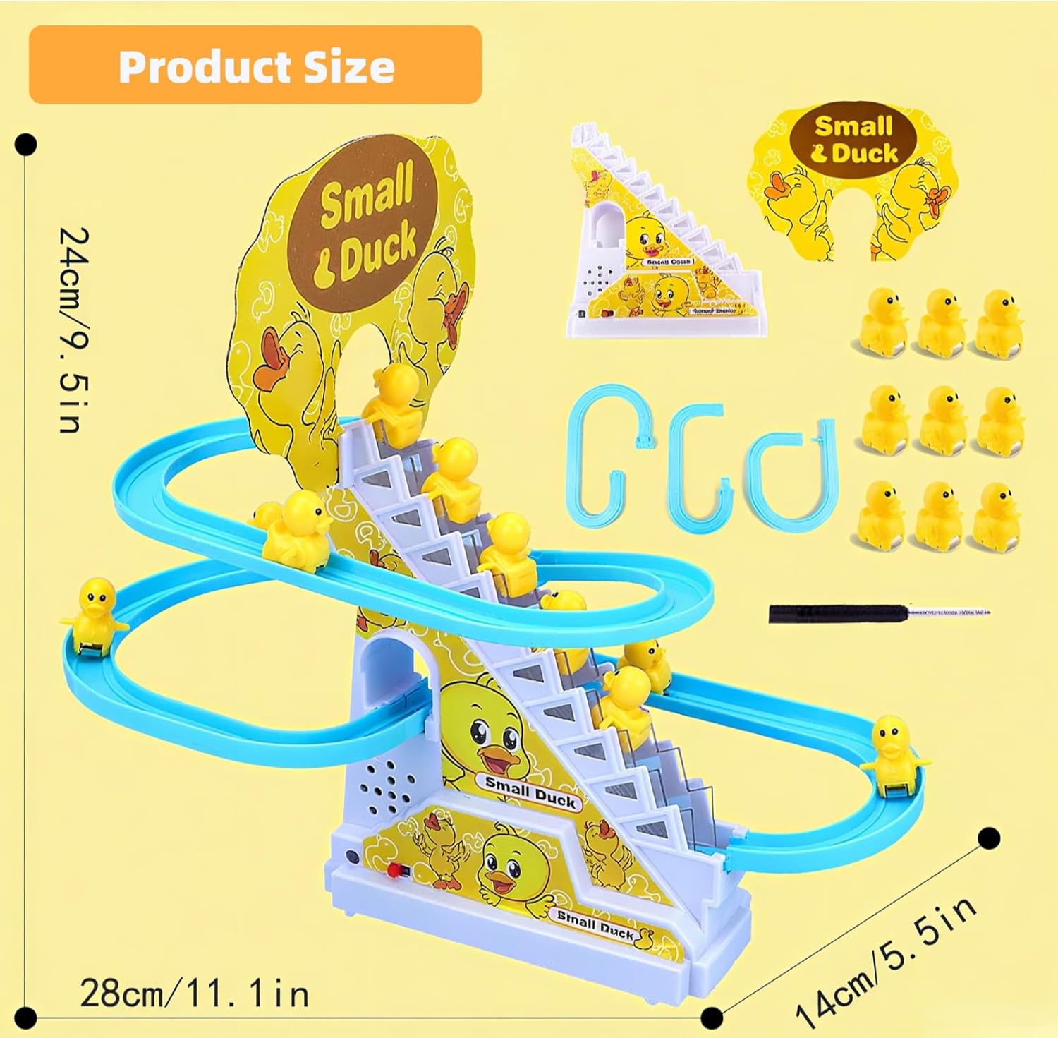 Small Duck Climbing Stairs Toy,Electric Duck Roller Coaster Toy Set,with LED Flashing Lights & Music,Duck Track Slide Toy Gift for Birthday Christmas,Kids Age 3（9Pcs Ducks）