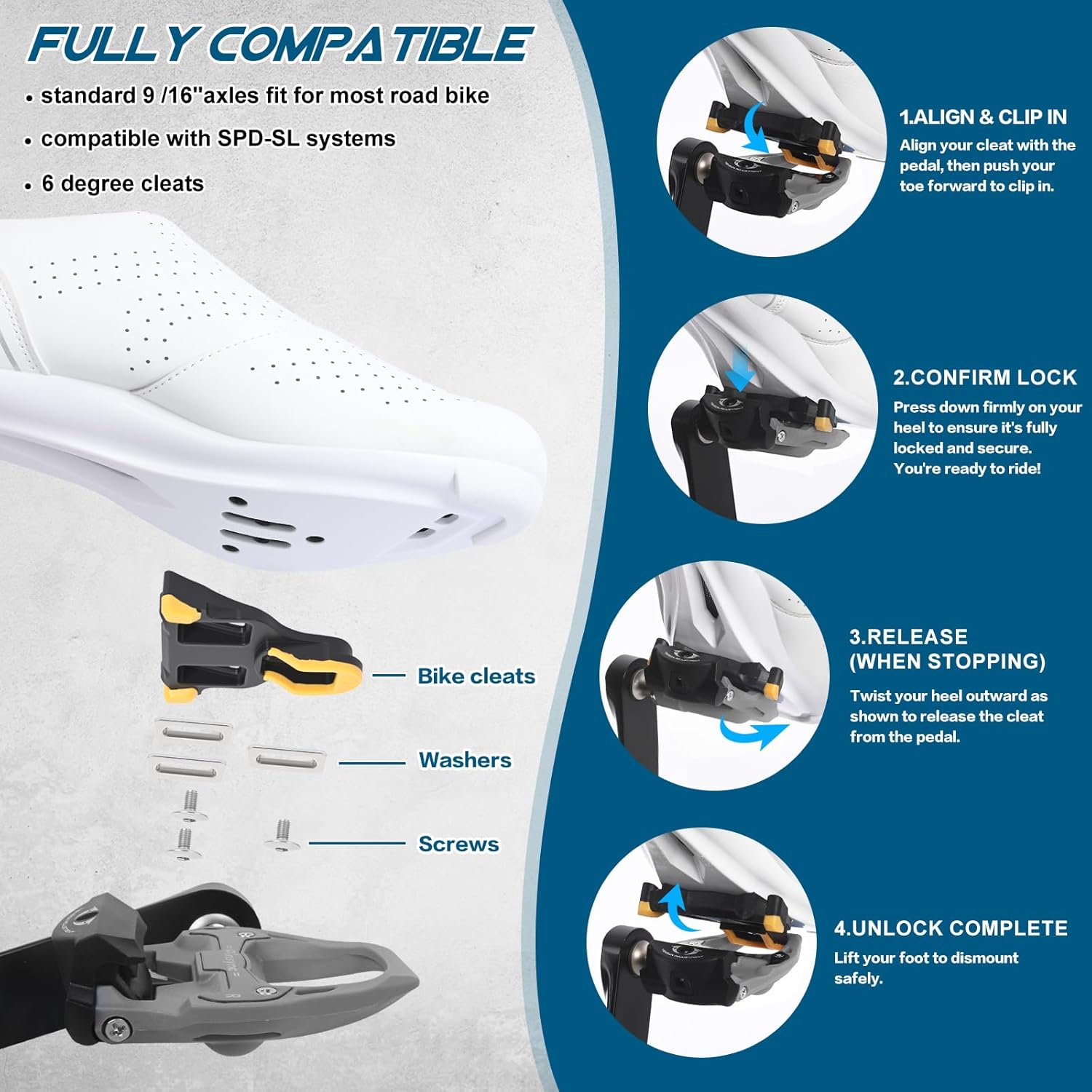 SPD SL Pedals, 9/16" Road Bike Pedals, Sealed Bearings & Nylon Clipless Pedals with Cleats Set Compatible with SPD SL System