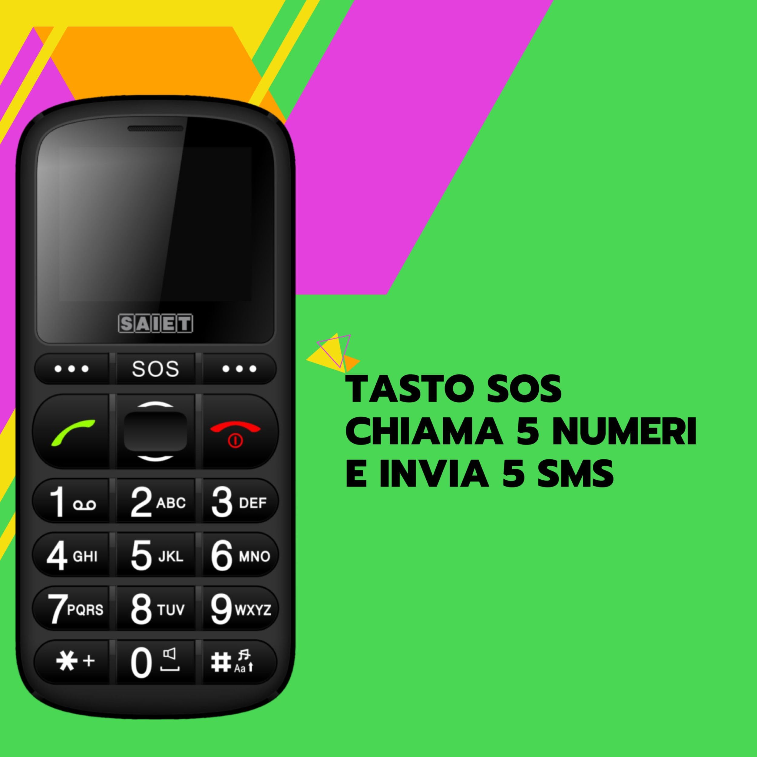 SAIET - Basic Senior Phone Dual Sim Display 2.4 Micro SD Bluetooth con Tasti Grandi + SOS Fotocamera Colore Argento