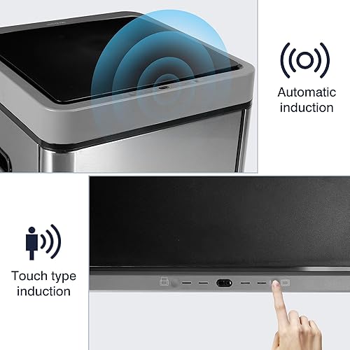 Miniatura 4 de HUG&FKL Bote de basura sin contacto con sensor de 16 galones, funciona con batería de litio, diseño desmontable, acero inoxidable, fácil montaje,