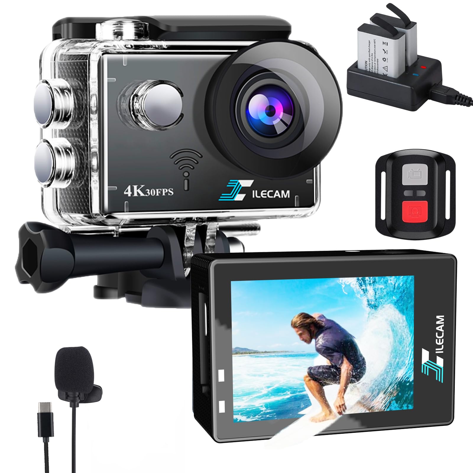 Xilecam X8000Pro Caméra Sport 4K WiFi 131FT Étanche 2.4G 2×1350mAh Batterie Sac Accessoire