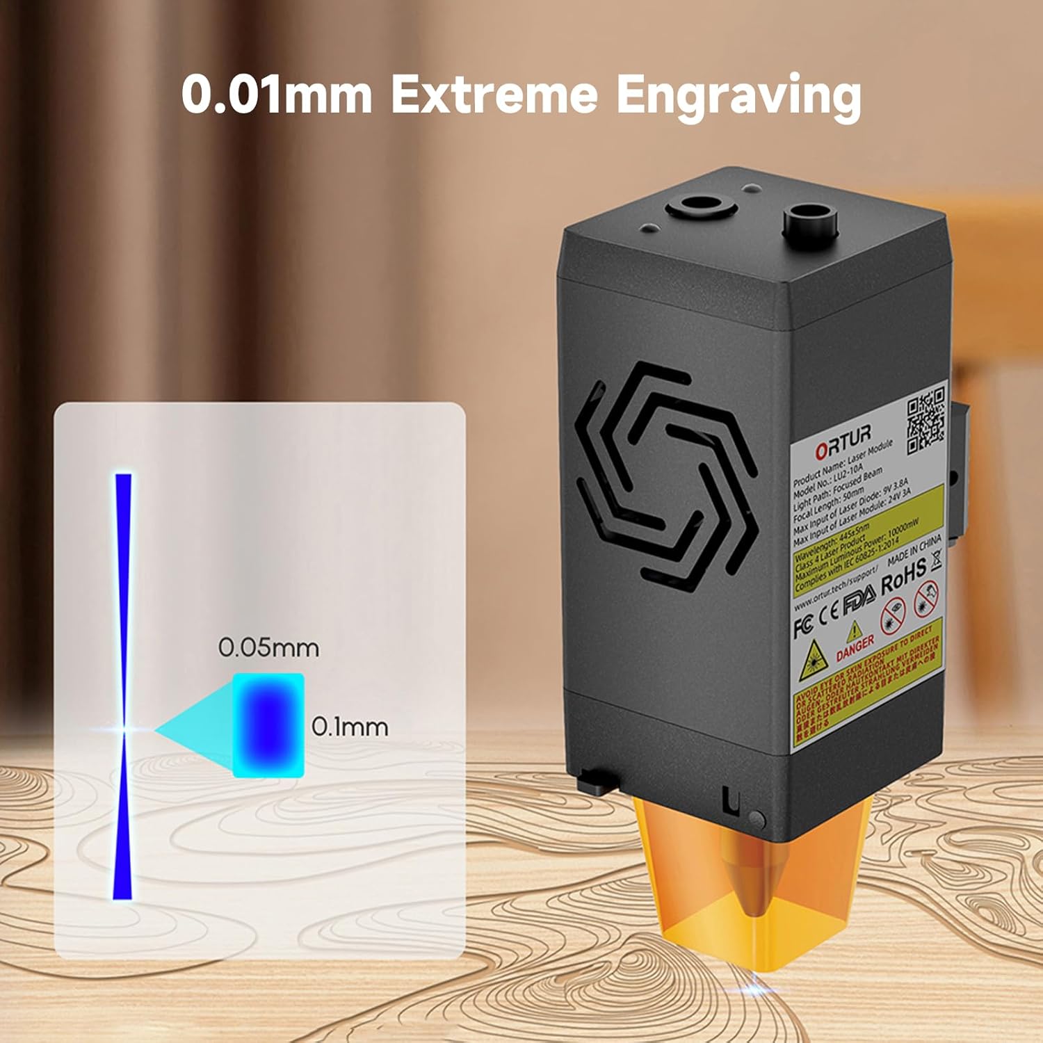 Diagram illustrating the 0.05mm x 0.1mm compressed laser spot for extreme engraving