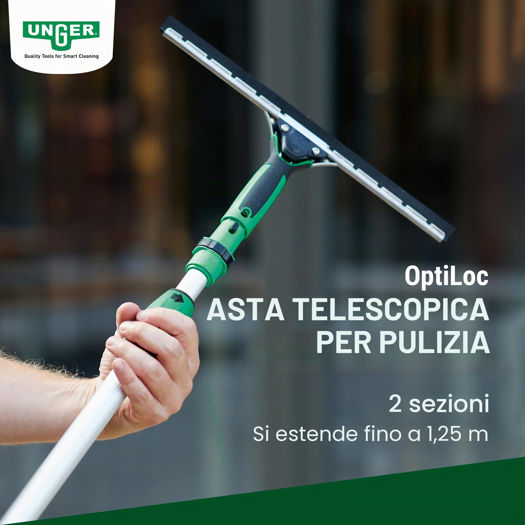 Unger OptiLoc asta telescopica 1,25 cm (compatibile con gli attrezzi per la pulizia delle finestre, impugnatura ergonomica, punta antiscivolo, chiusura a due componenti) EZ120