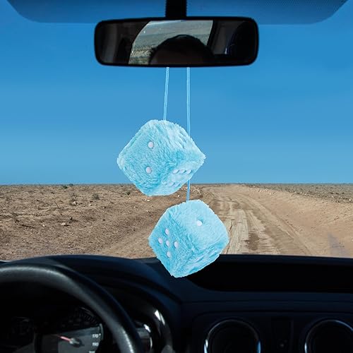 Miniatura 4 de Dados peludos para espejo de automóvil, par de dados retro de 2.75 pulgadas para espejo retrovisor con puntos negros para decoración de interior de