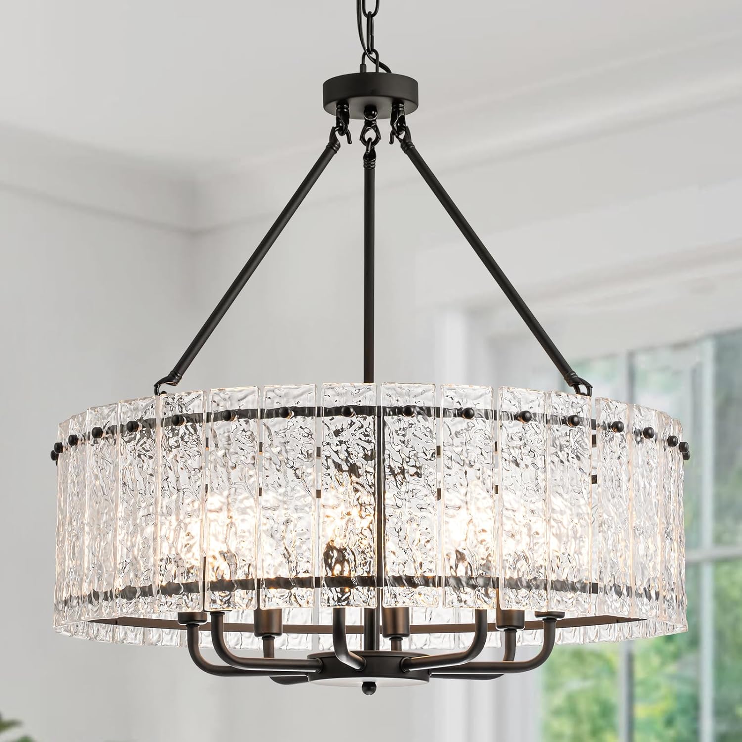 Modern Round Black Crystal Glass Chandeliers for Dining Room,Luxury Water Ripple Glass Light Fixture Elegant Farmhouse Lighting for Kitchen Island Living Room Bedroom