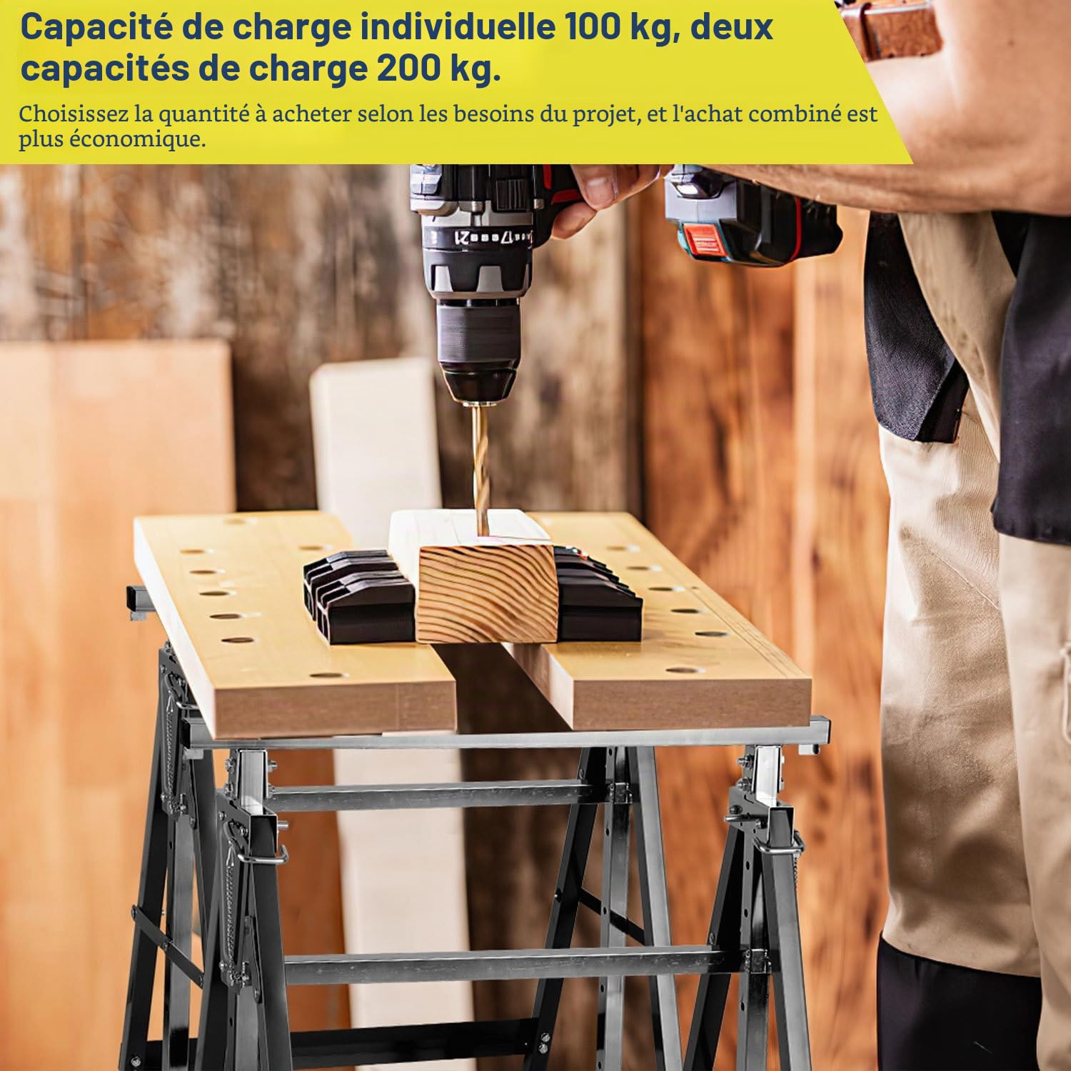 Lot de 2 tréteaux de travail réglables en hauteur sur 7 niveaux (80-130 cm), Tréteau d'échafaudage 400 kg par paire, pliable pour la maison, l'atelier et le jardin, noir