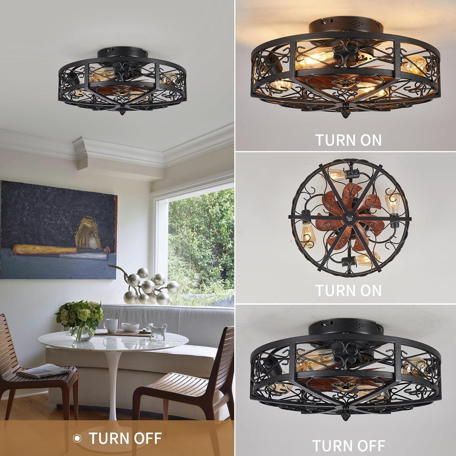 50cm Deckenlampe mit Ventilator Industrial Vintage Deckenventilatoren mit Beleuchtung Metall Käfigbeleuchtung 4*E27 Unterputzmontage mit Fernbedienung Timer-Funktion, Schwarz (exkl Leuchtmittel)