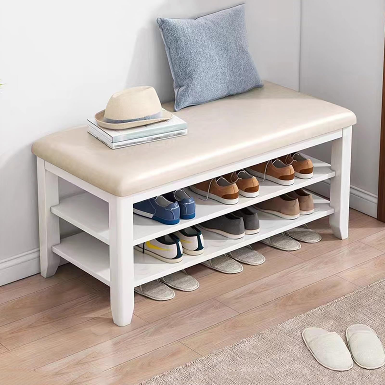 Banc à chaussures bois massif haut de gamme et assise cuir blanc 60cm
