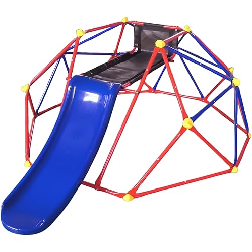 6FT Geometric Dome Climber with Slide, Outdoor Playset for Kids 3-8, Metal Climbing Frame with 330lbs Weight Capacity, Backyard Playground for Physical Activity, Agility, and Fun