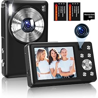 digital camera 4k 64mp auto focus camera compact vlogging camera with dual lens 2.8 inch screen 16x digital zoom 2 batteries for children teenagers beginners black