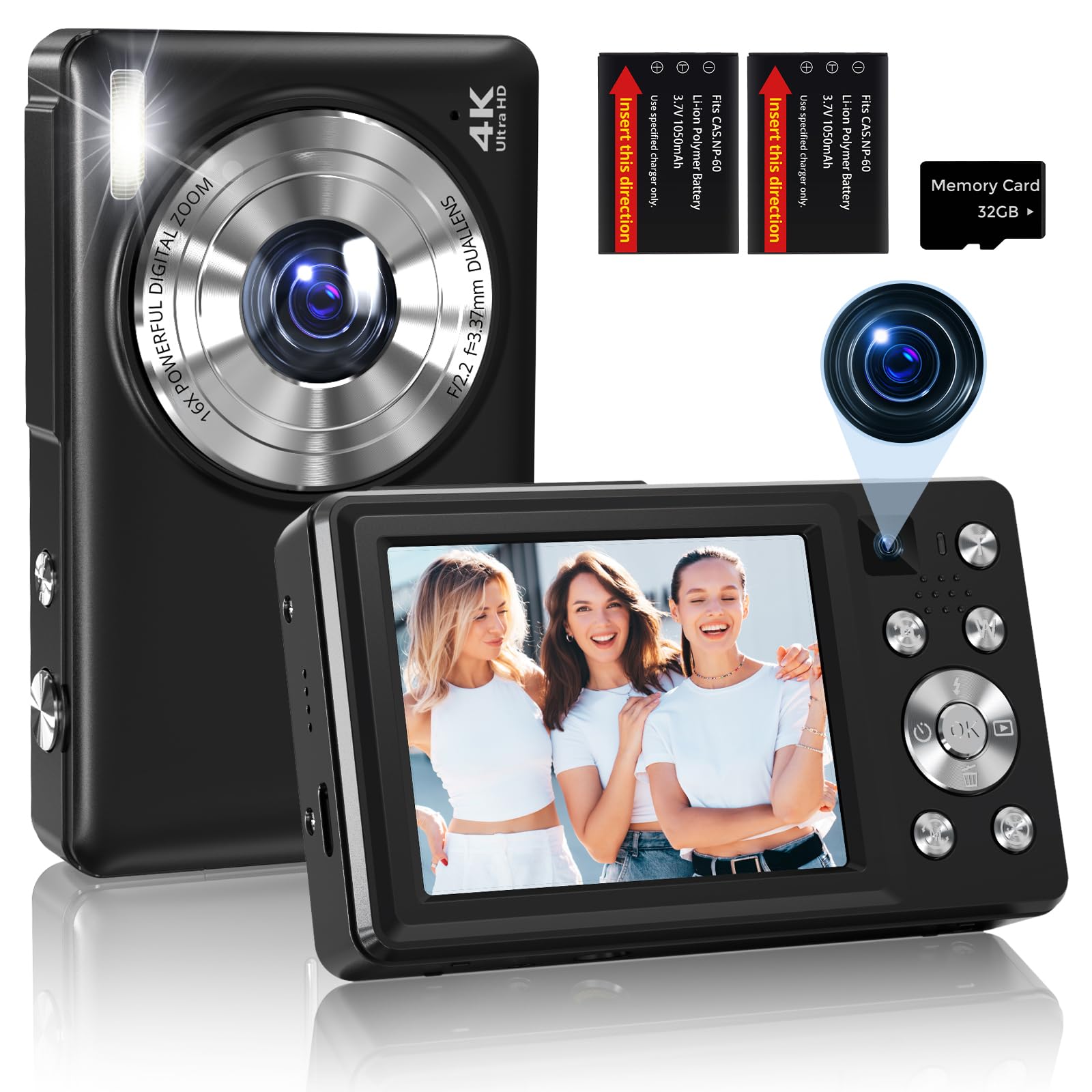 Cámara Digital 4K 64 MP Autoenfoque Camara de Fotos Digital Compacta para Vlogging y Selfies, Pantalla 2,8″, Zoom 16X, 2 Baterías, Negro