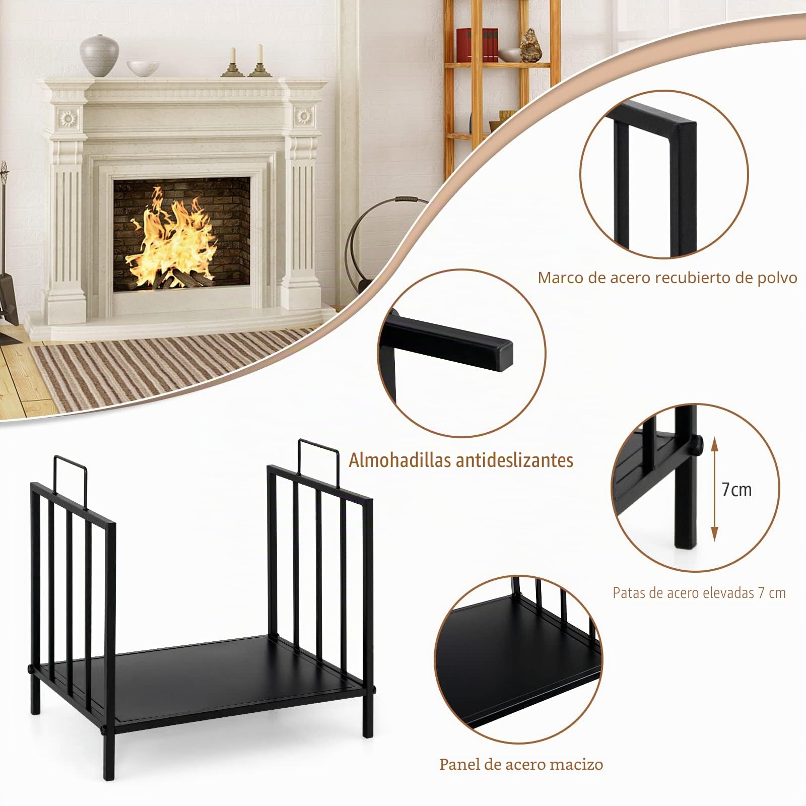 GOPLUS Soporte para Leña con Asa, Porta Leña, Capacidad 50 kg, Aspecto Elegante para Interior Exterior 46 x 31 x 46 cm