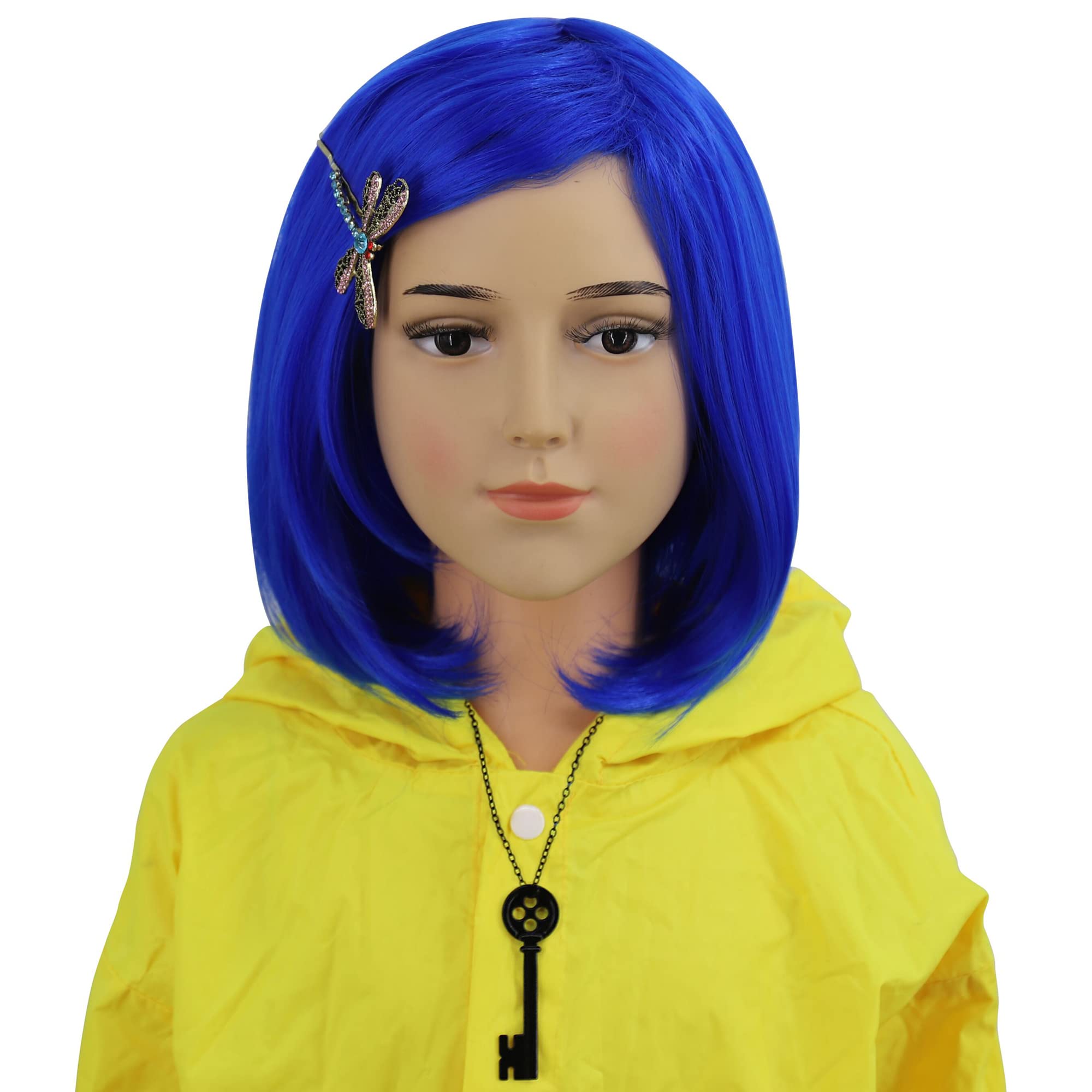 Cfalaicos Short Straight Blue Wig Heat Resistant Wigs with Hairpin + Necklace for Halloween Party Costume (Blue Kids Set)
