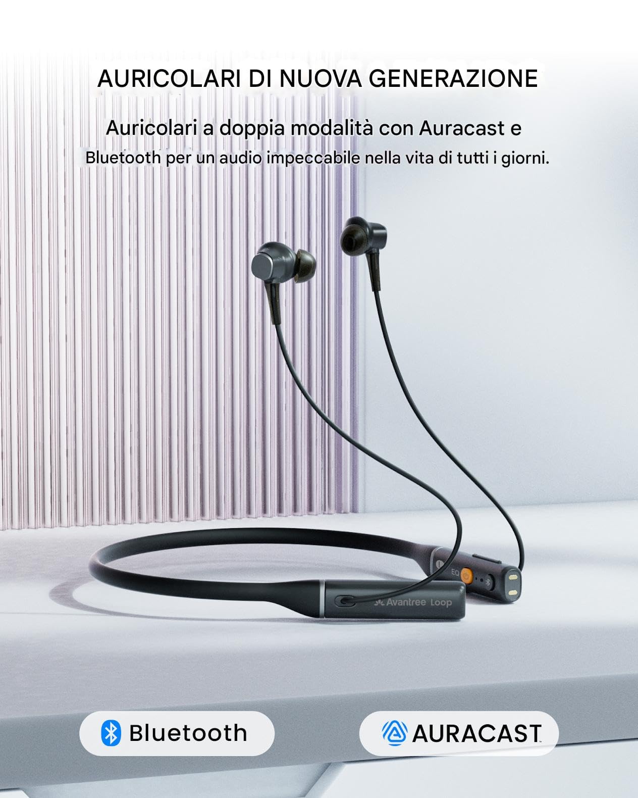 Avantree Loop – Auracast & Bluetooth Auricolari con Audio a Bassa Latenza, 3 Modalità EQ con Voice Clear, Cuffie In-Ear con Archetto da Collo Comode per TV, PC, Telefono e Ascolto Quotidiano