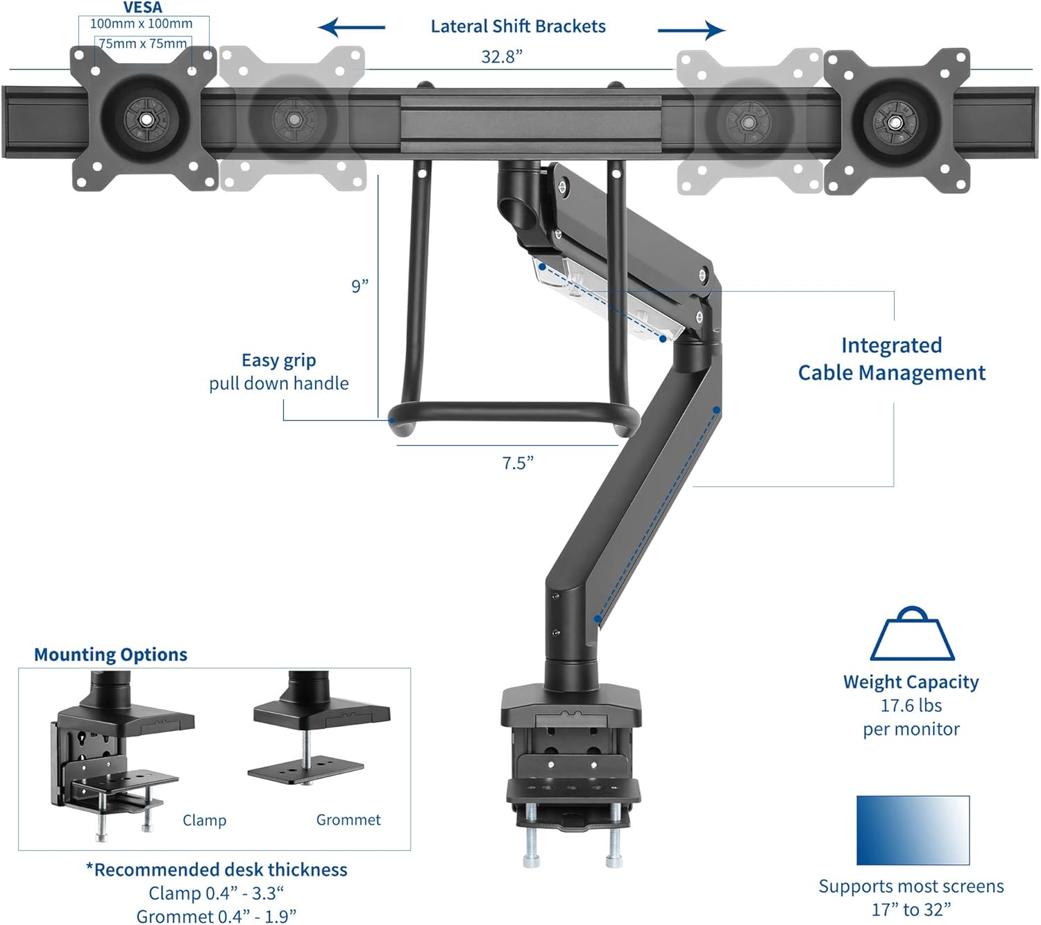 Wееklу Tор Sаlе VIVO Premium Aluminum Heavy Duty Arm, Dual Monitor Desk Mount with Pneumatic Spring Height Adjustment and Pull Handle, VESA Stand for 2 Screens up to 32 inches (STAND-V101G2)