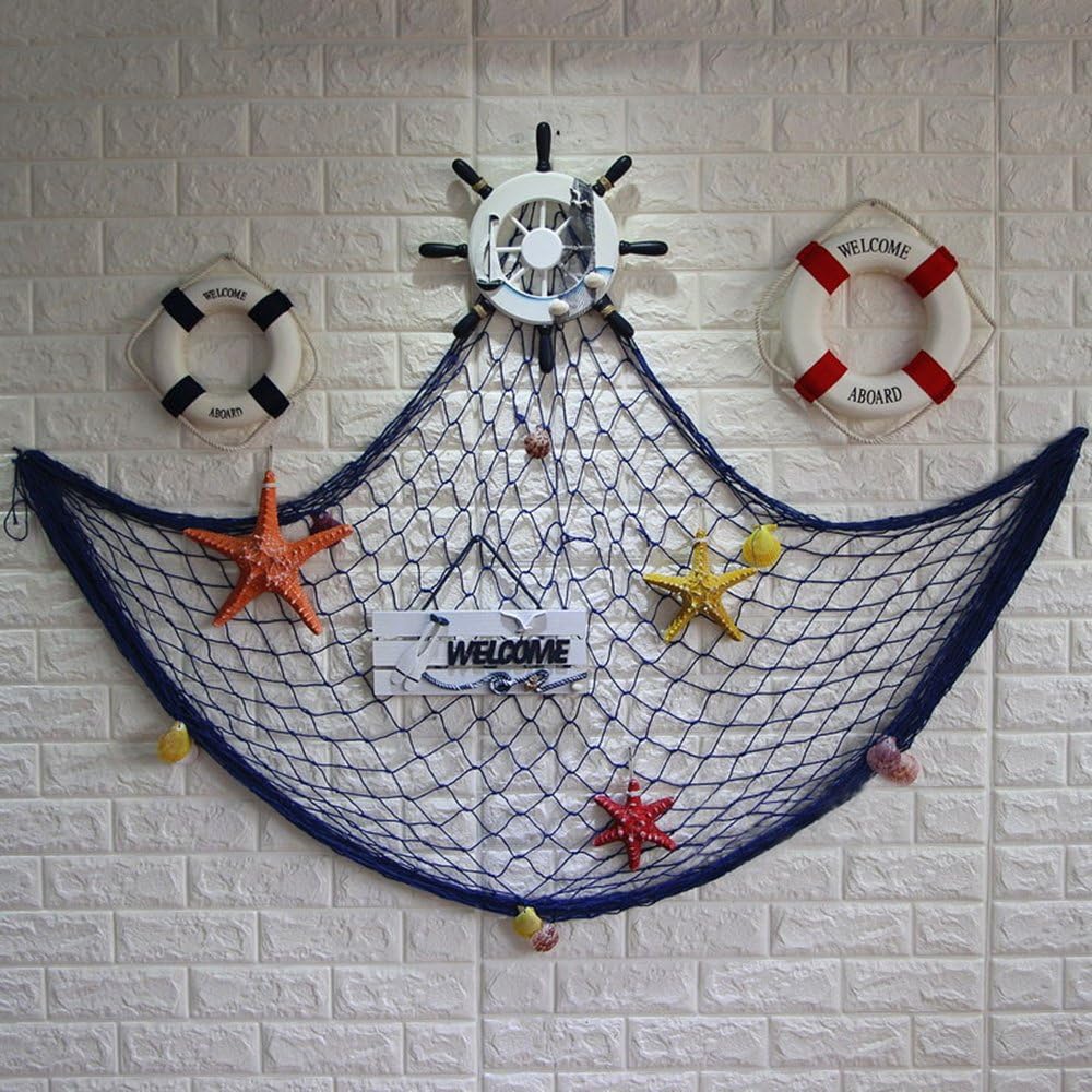 Yagote 79inch x 39inch Decorative Fish Net with Shells Blue Mediterranean Style Nautical Decorative Fishing Net Hanging Home Decor Room Decoration(79x39inch Blue)