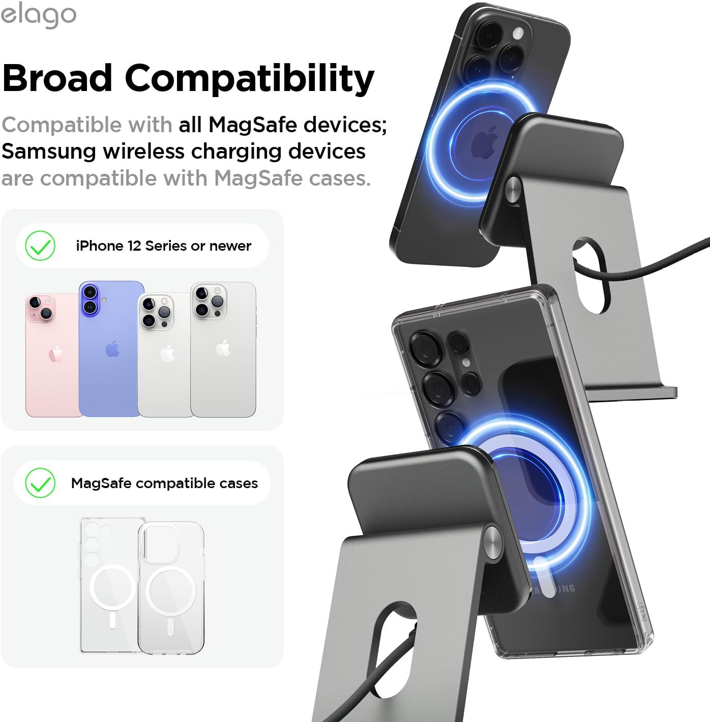 elago Qi2 Wireless Charging Stand for MagSafe Devices, Qi2 Certified 15W Ultra-Fast, Strong Magnet, Adjustable Tilt, Non-Slip Design for iPhone (Black)