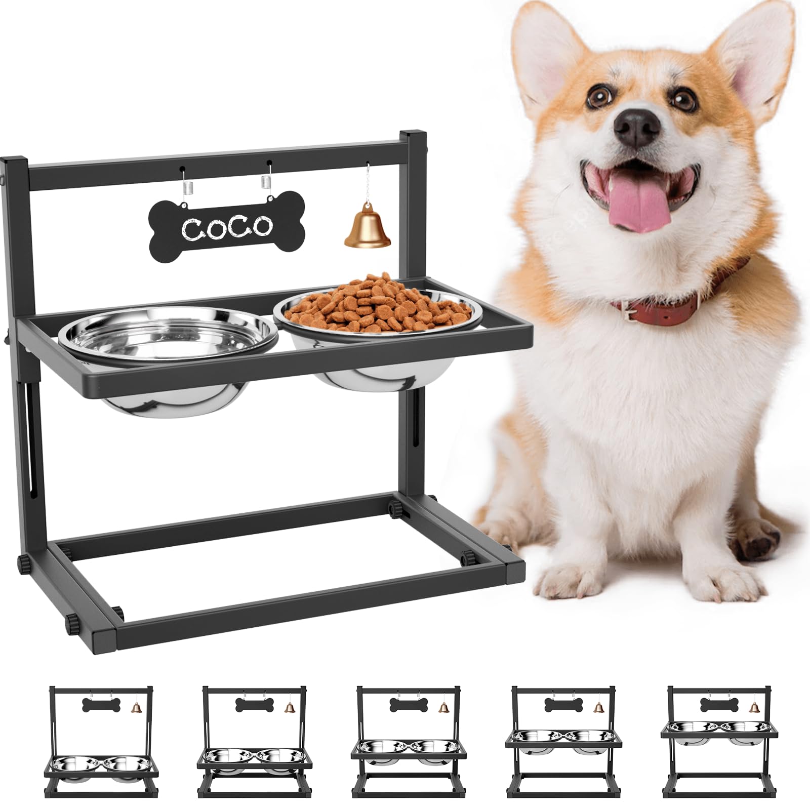 Elevated Dog Bowls for Medium and Small Dogs, 5 Height Adjustable & 2 Stainless Steel Bowls 800ml/27oz, Raised Food Dog Water Stand